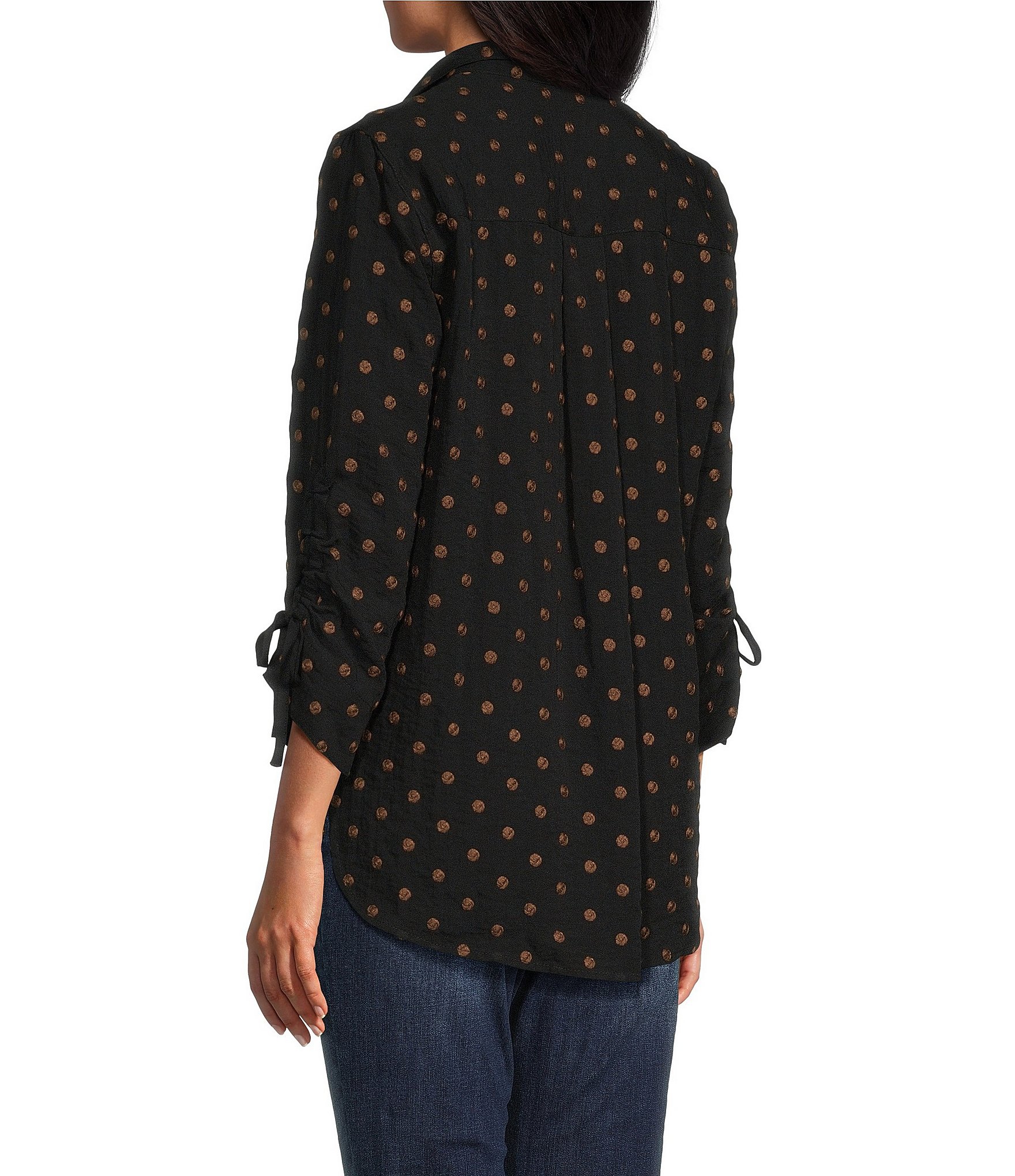 John Mark Woven Embroidered Dot Print Wire Collar 3/4 Sleeve Top