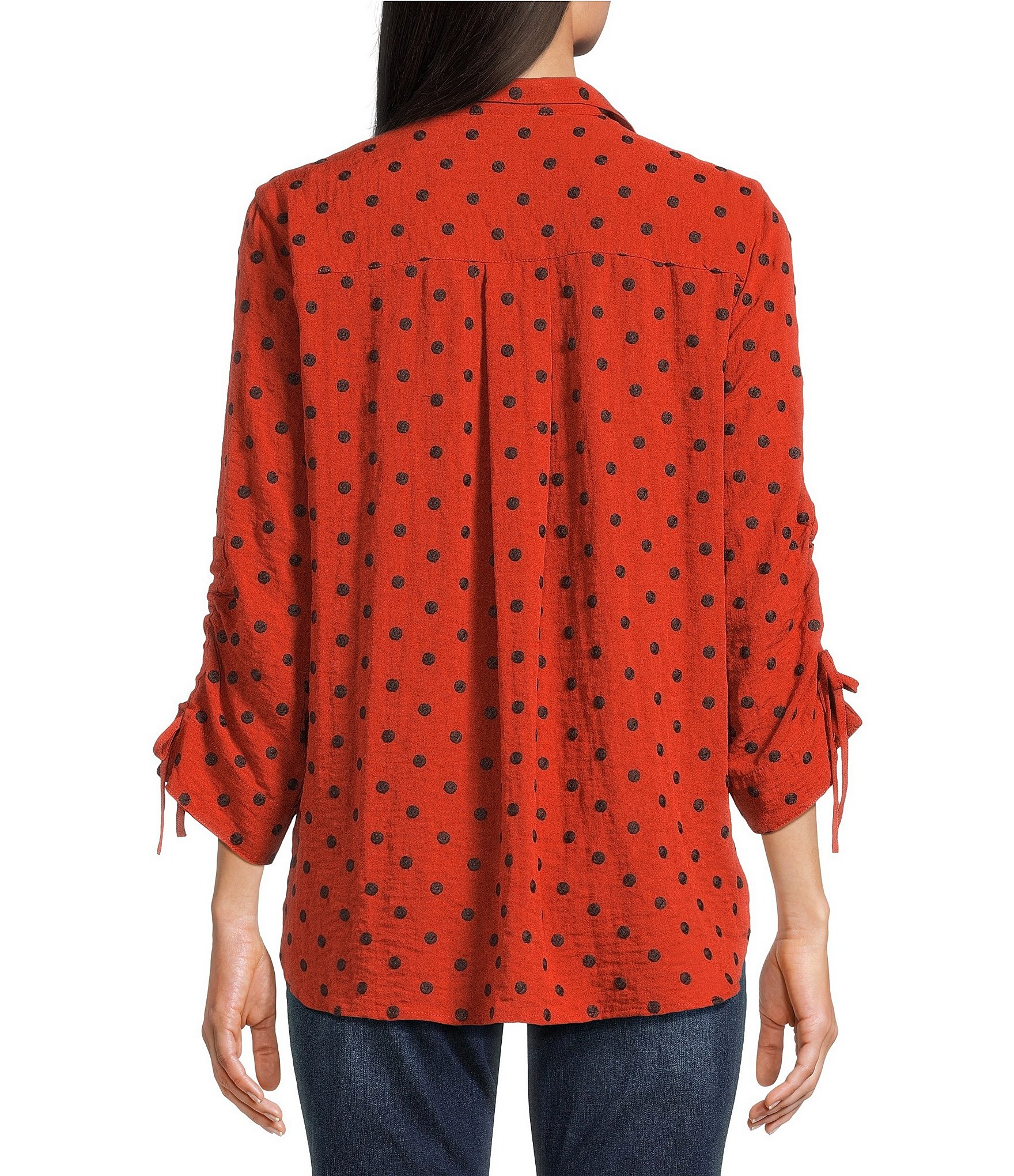 John Mark Woven Embroidered Dot Print Wire Collar 3/4 Sleeve Top