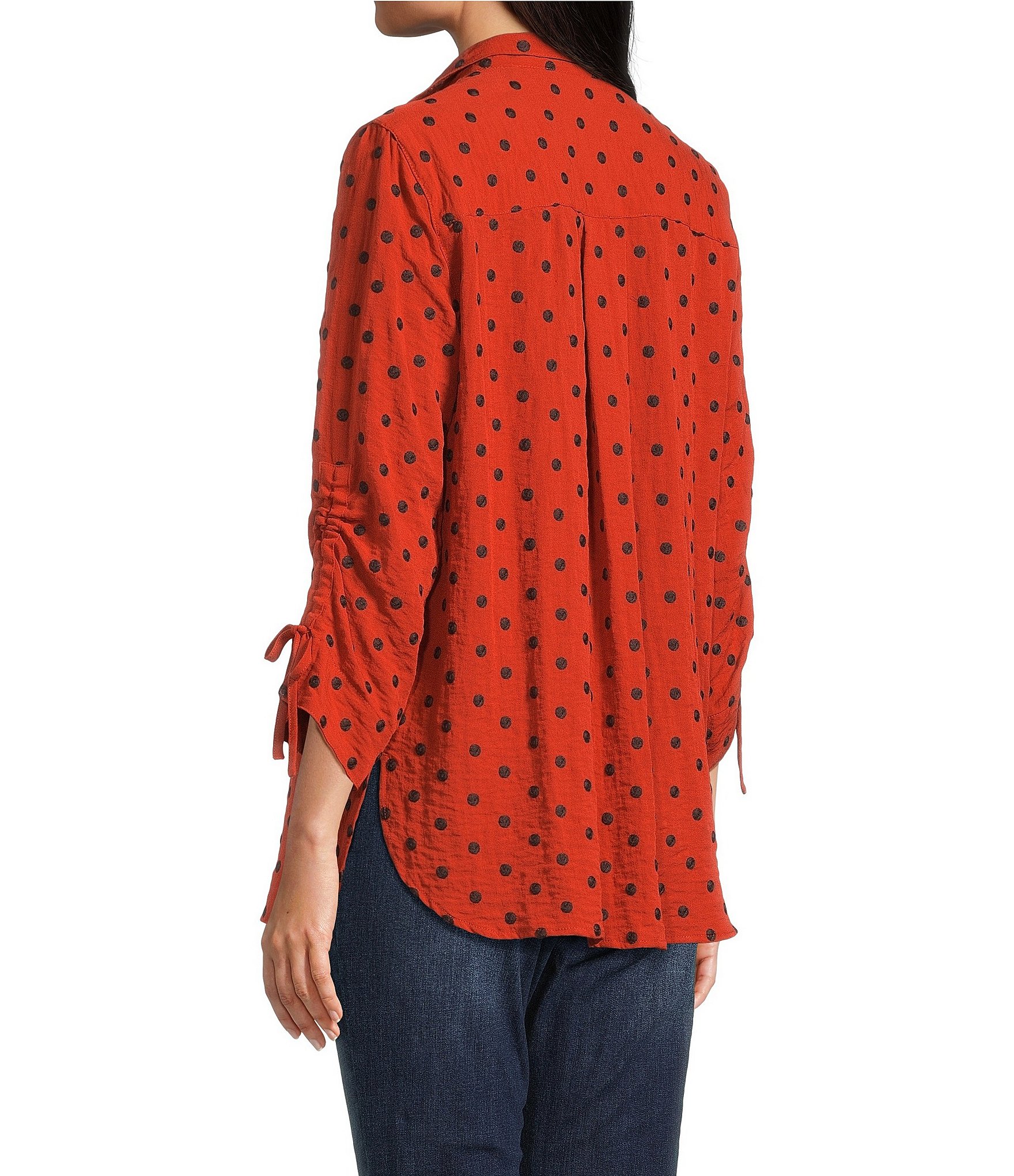 John Mark Woven Embroidered Dot Print Wire Collar 3/4 Sleeve Top