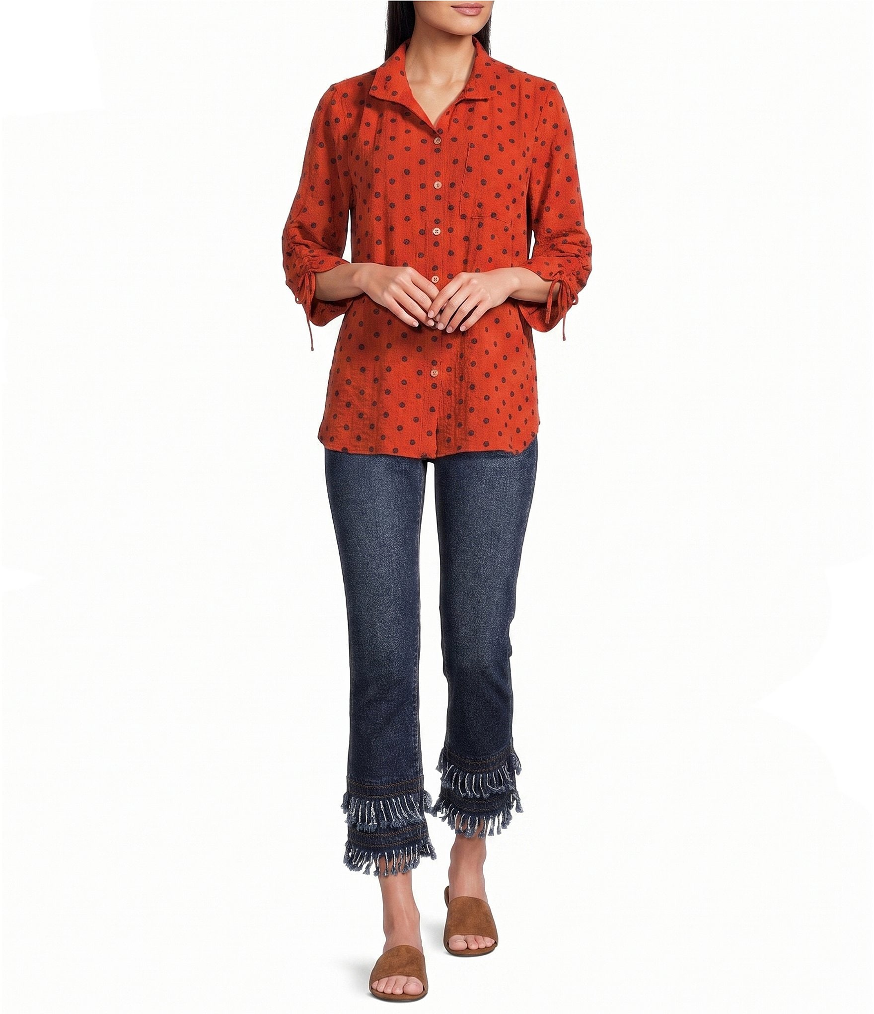 John Mark Woven Embroidered Dot Print Wire Collar 3/4 Sleeve Top