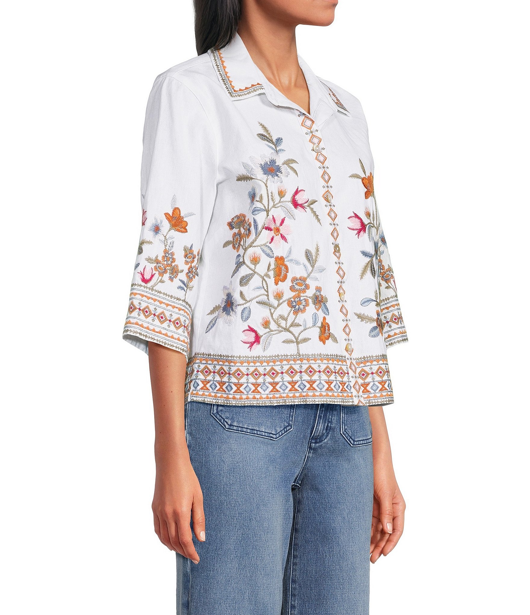 John Mark Woven Embroidered Floral Point Collar Short Sleeve Button Front Shirt