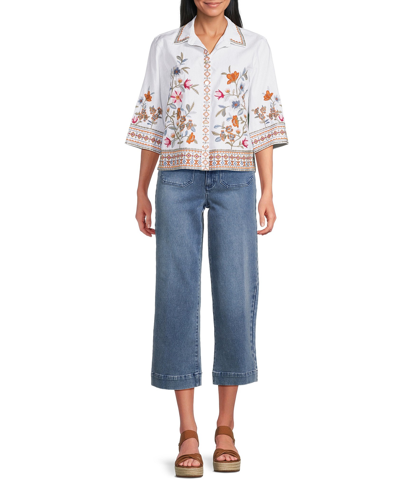 John Mark Woven Embroidered Floral Point Collar Short Sleeve Button Front Shirt