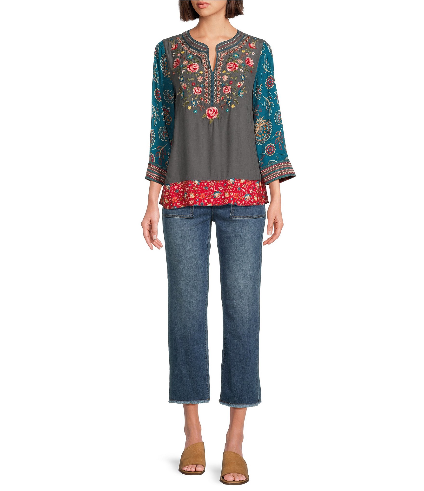 John Mark Woven Embroidered Floral Print Y Neck 3/4 Sleeve Pullover Tunic