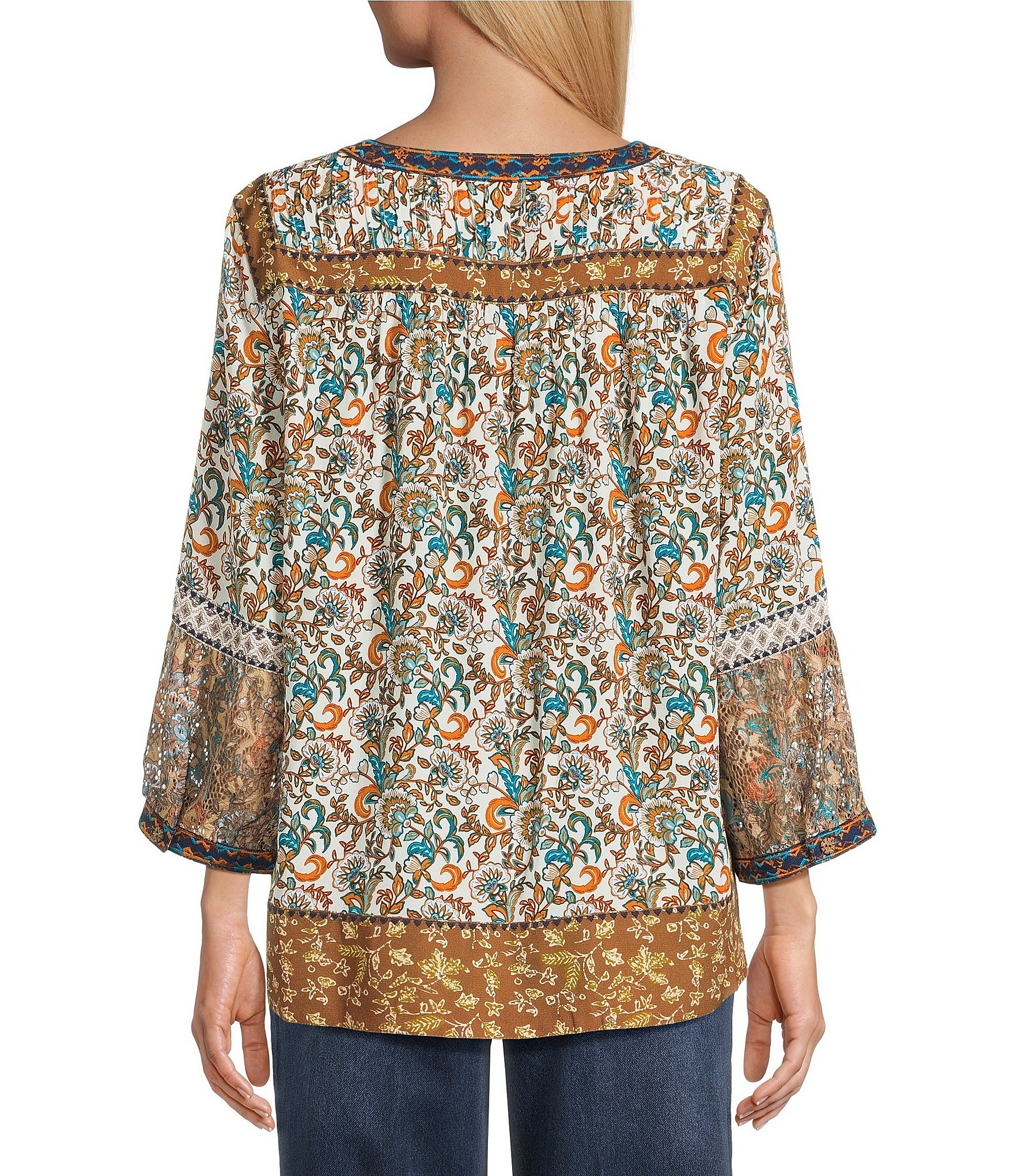 John Mark Woven Embroidered Lace Mix Floral Print Split Round Neck 3/4 Sleeve Tunic