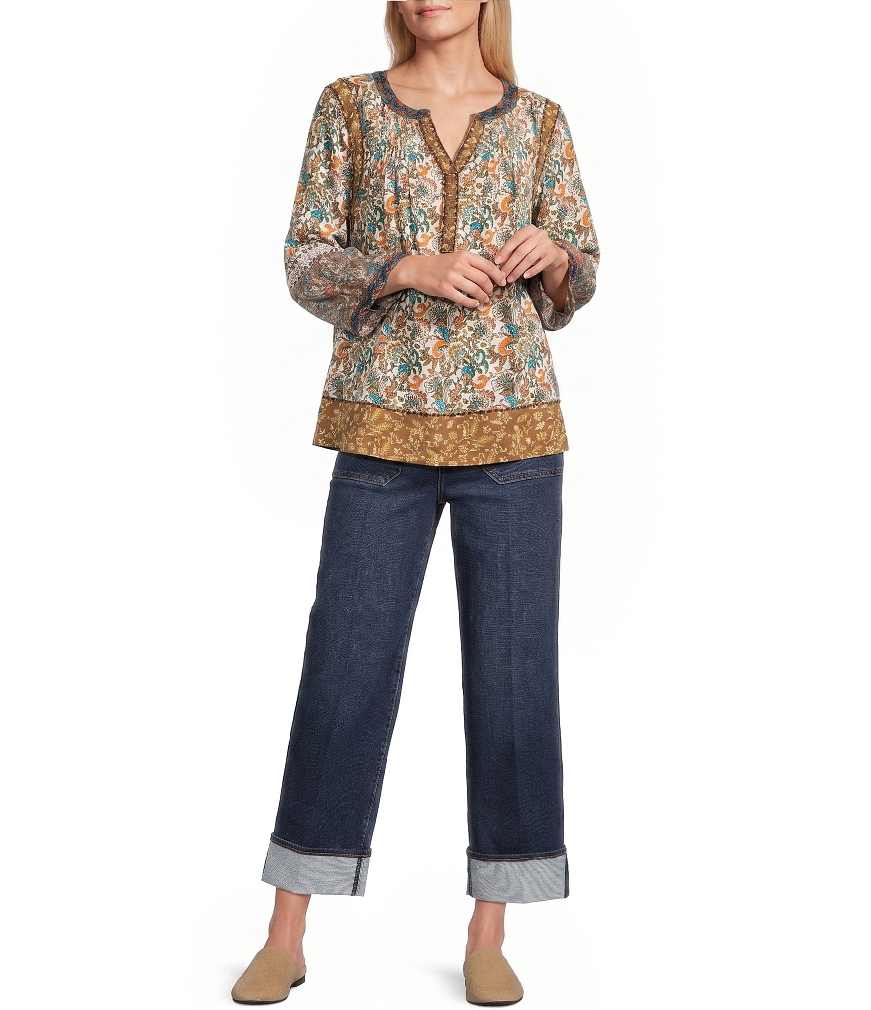 John Mark Woven Embroidered Lace Mix Floral Print Split Round Neck 3/4 Sleeve Tunic