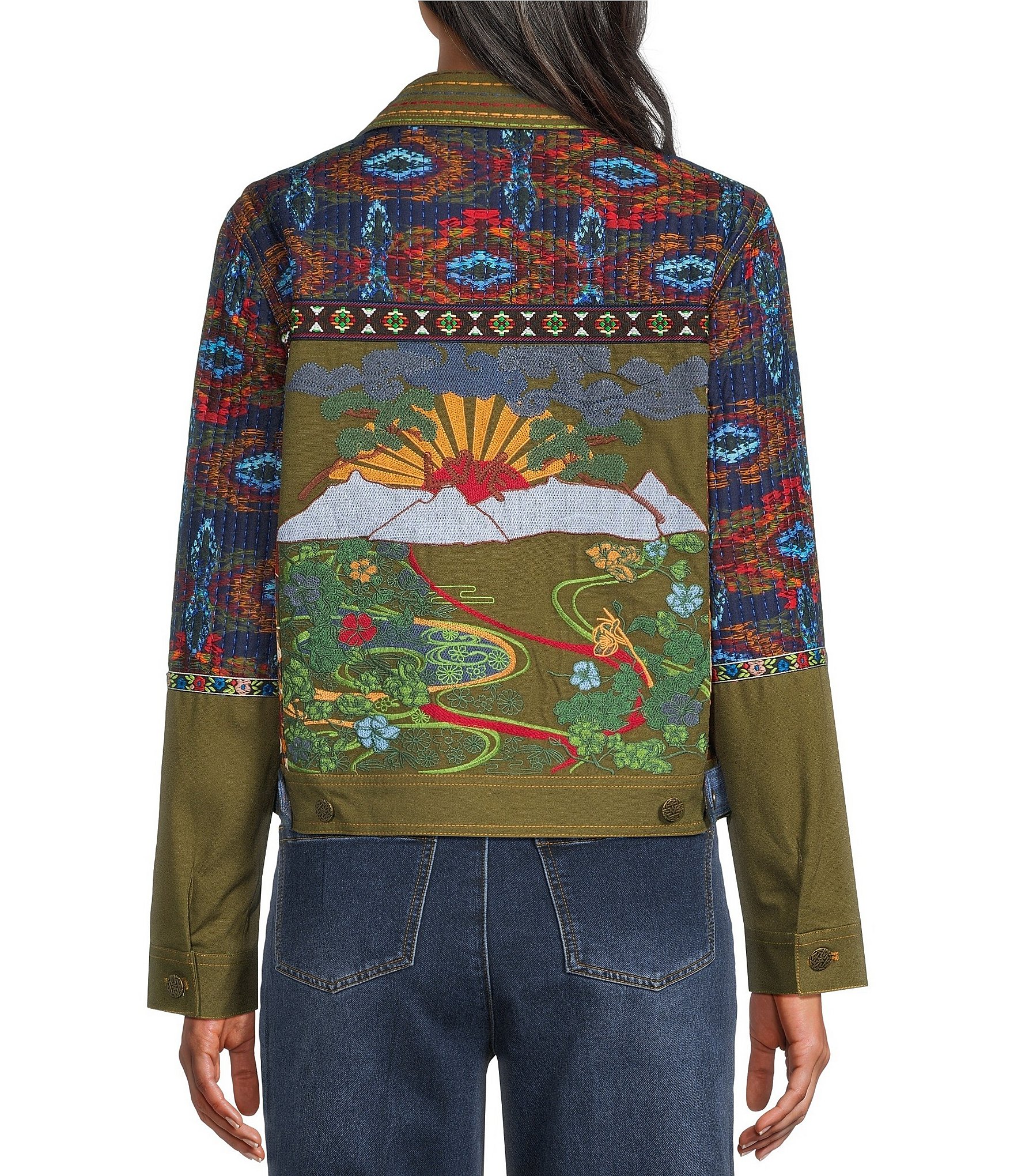 John Mark Woven Embroidered Patchwork Floral Lining Point Collar Long Sleeve Button Front Jacket
