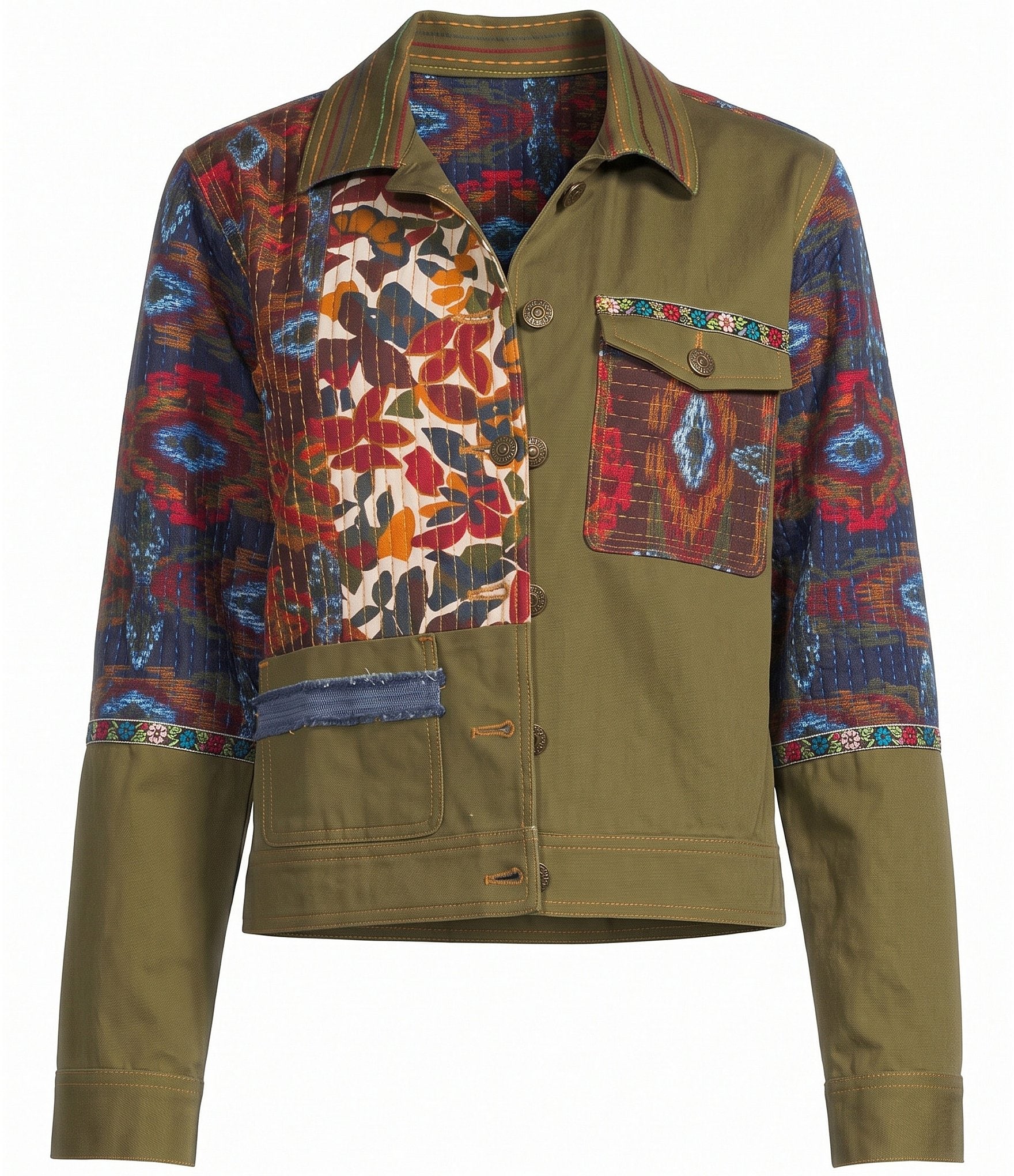John Mark Woven Embroidered Patchwork Floral Lining Point Collar Long Sleeve Button Front Jacket