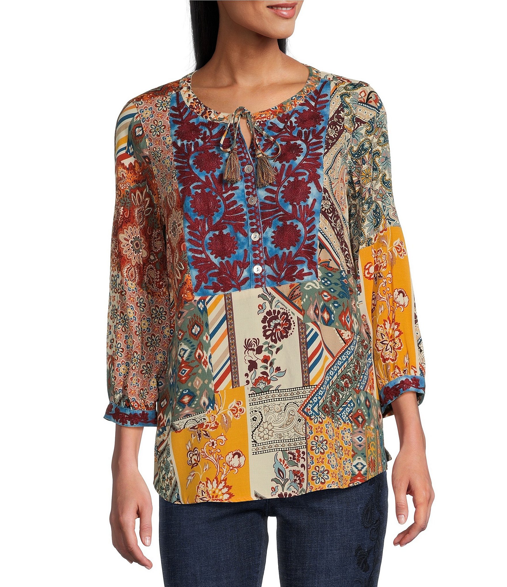 John Mark Woven Embroidered Split V-Neck 3/4 Sleeve Tunic