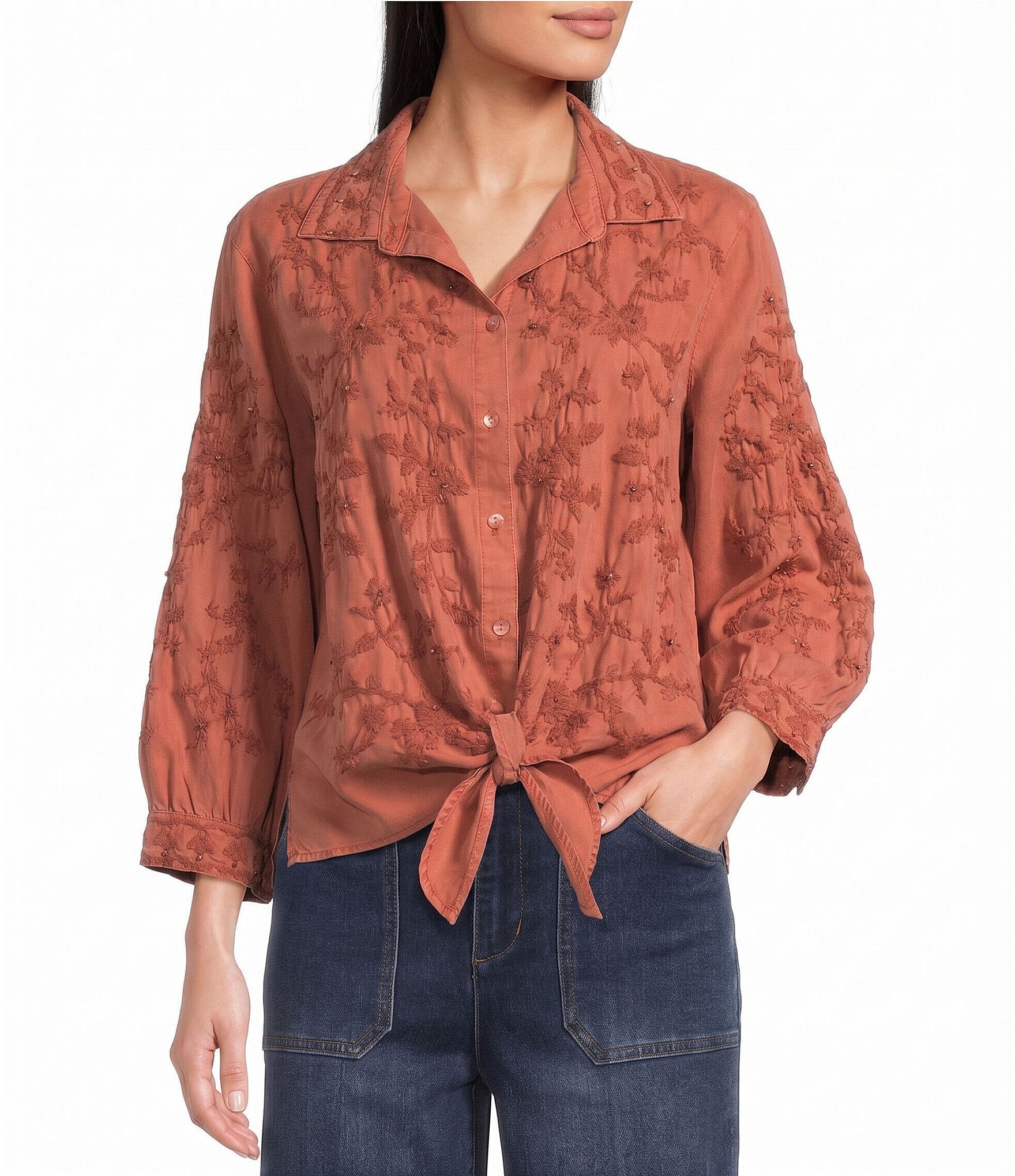 John Mark Woven Floral Embroidered Point Collar 3/4 Sleeve Shirt
