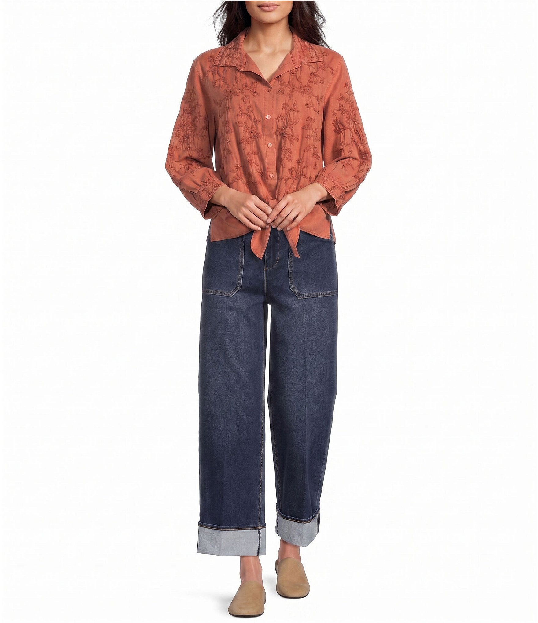 John Mark Woven Floral Embroidered Point Collar 3/4 Sleeve Shirt