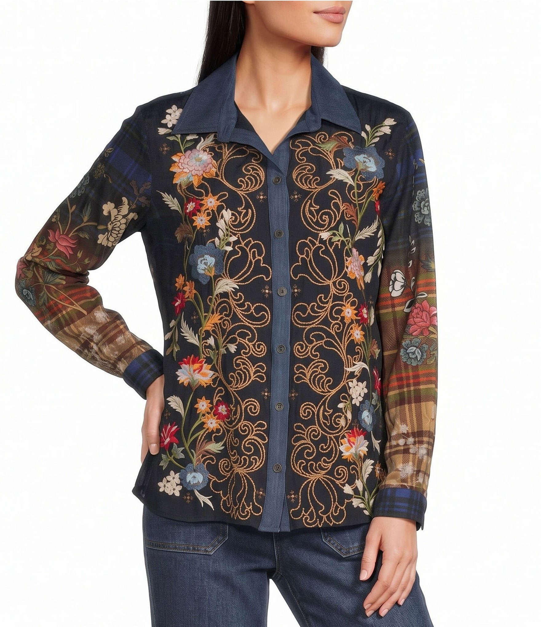 John Mark Woven Floral Embroidered Point Collar Long Sleeve Button Front Shirt