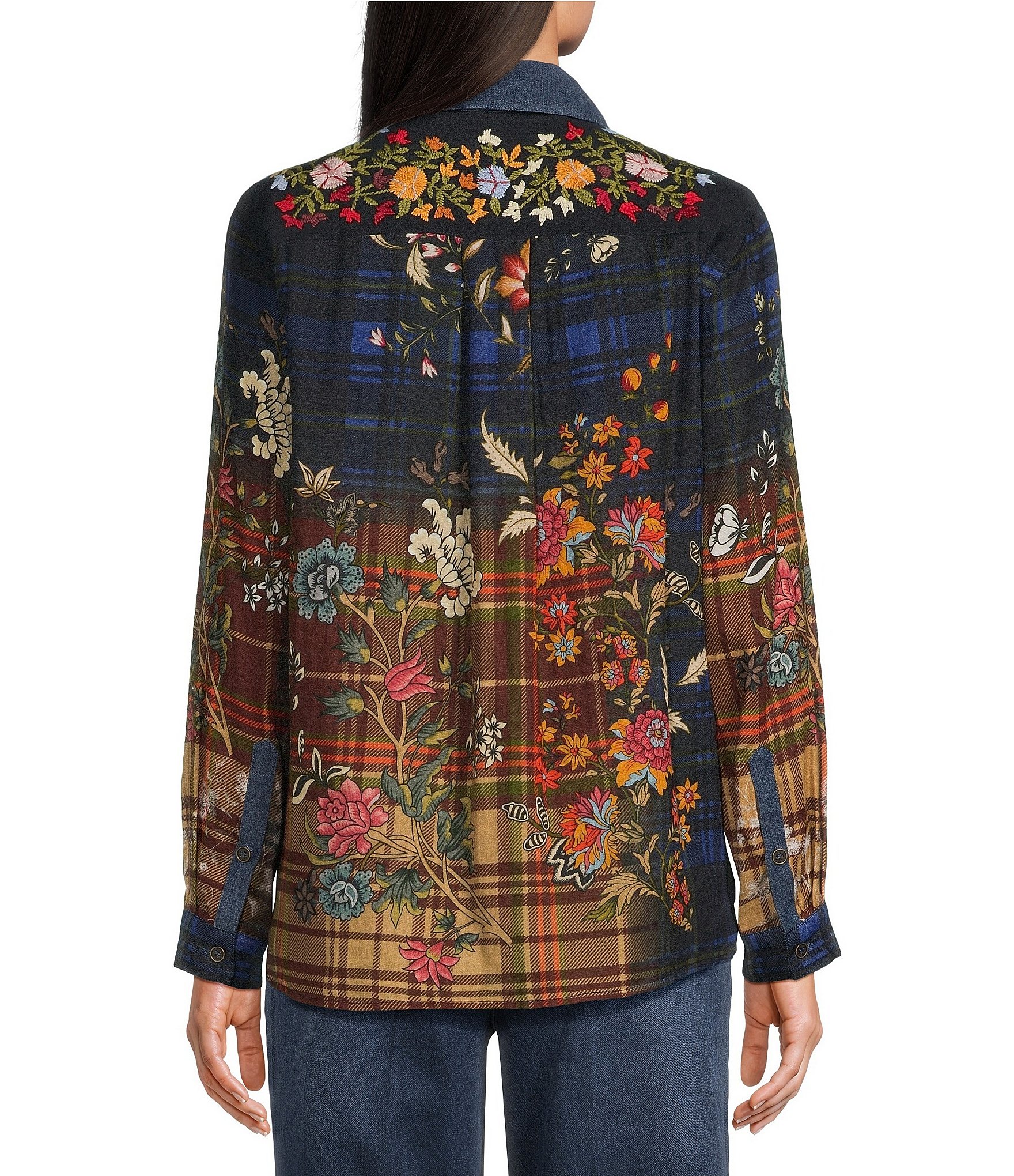 John Mark Woven Floral Embroidered Point Collar Long Sleeve Button Front Shirt