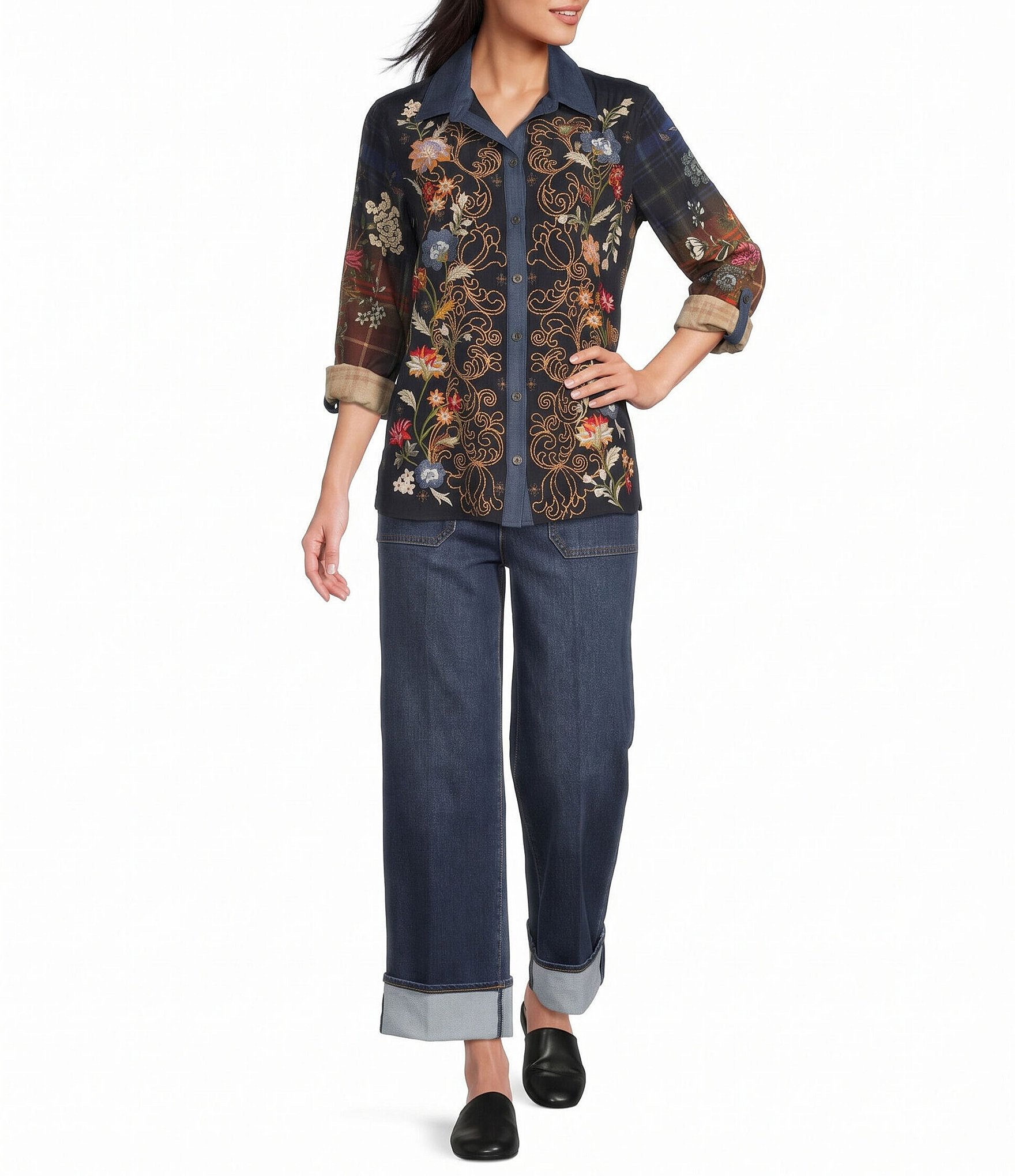 John Mark Woven Floral Embroidered Point Collar Long Sleeve Button Front Shirt