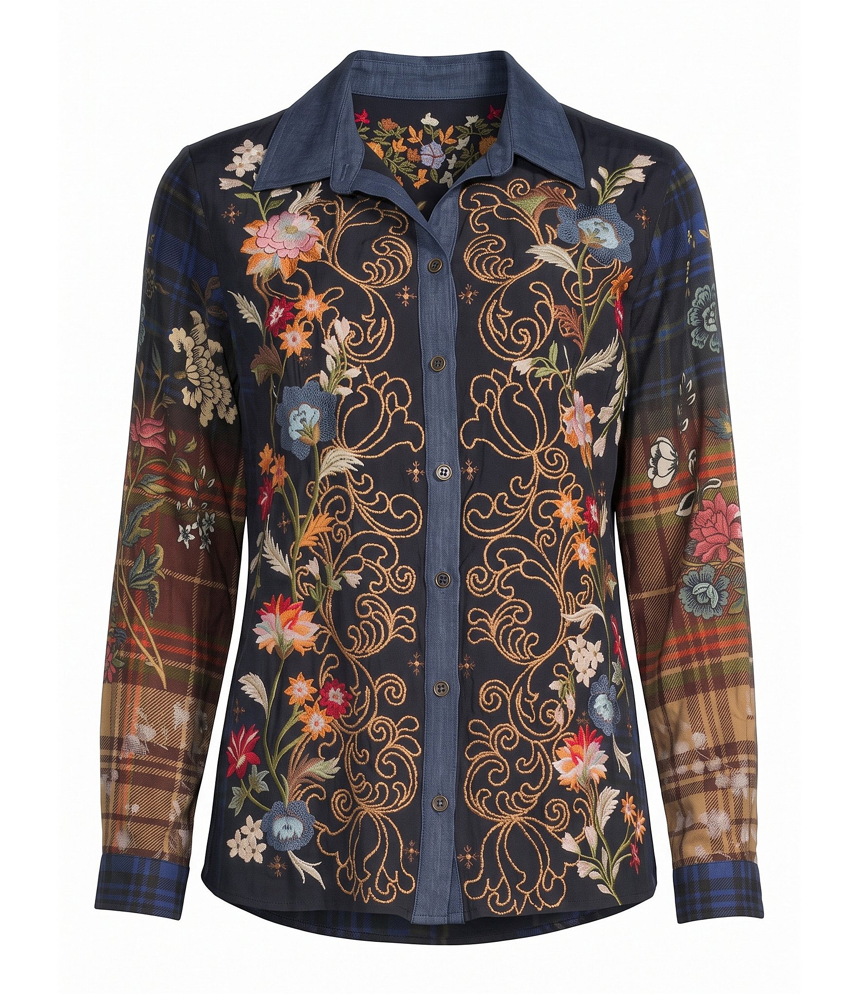 John Mark Woven Floral Embroidered Point Collar Long Sleeve Button Front Shirt