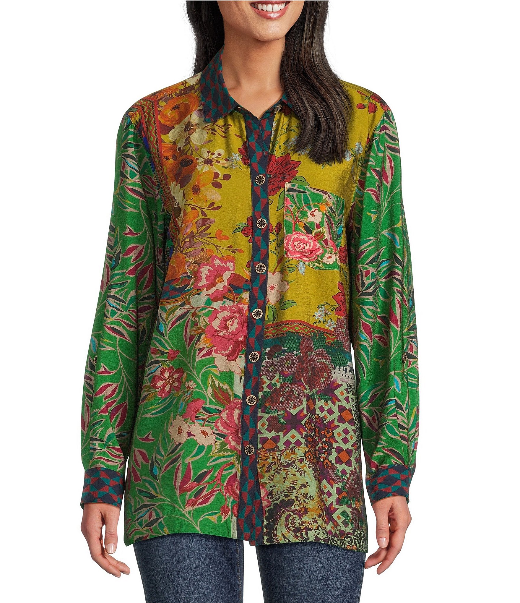 John Mark Woven Floral Multi Print Point Collar Long Sleeve Button Front Top
