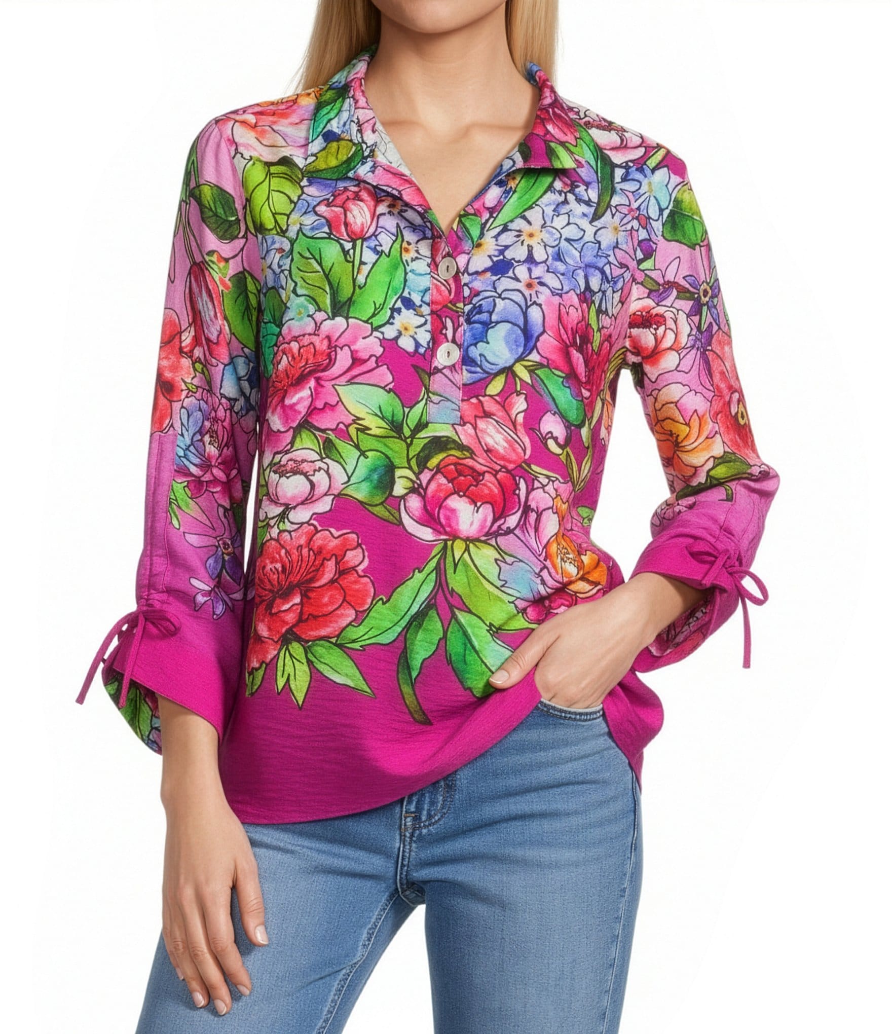 John Mark Woven Hydrangea Floral Wire Collar 3/4 Cinched Sleeve Top
