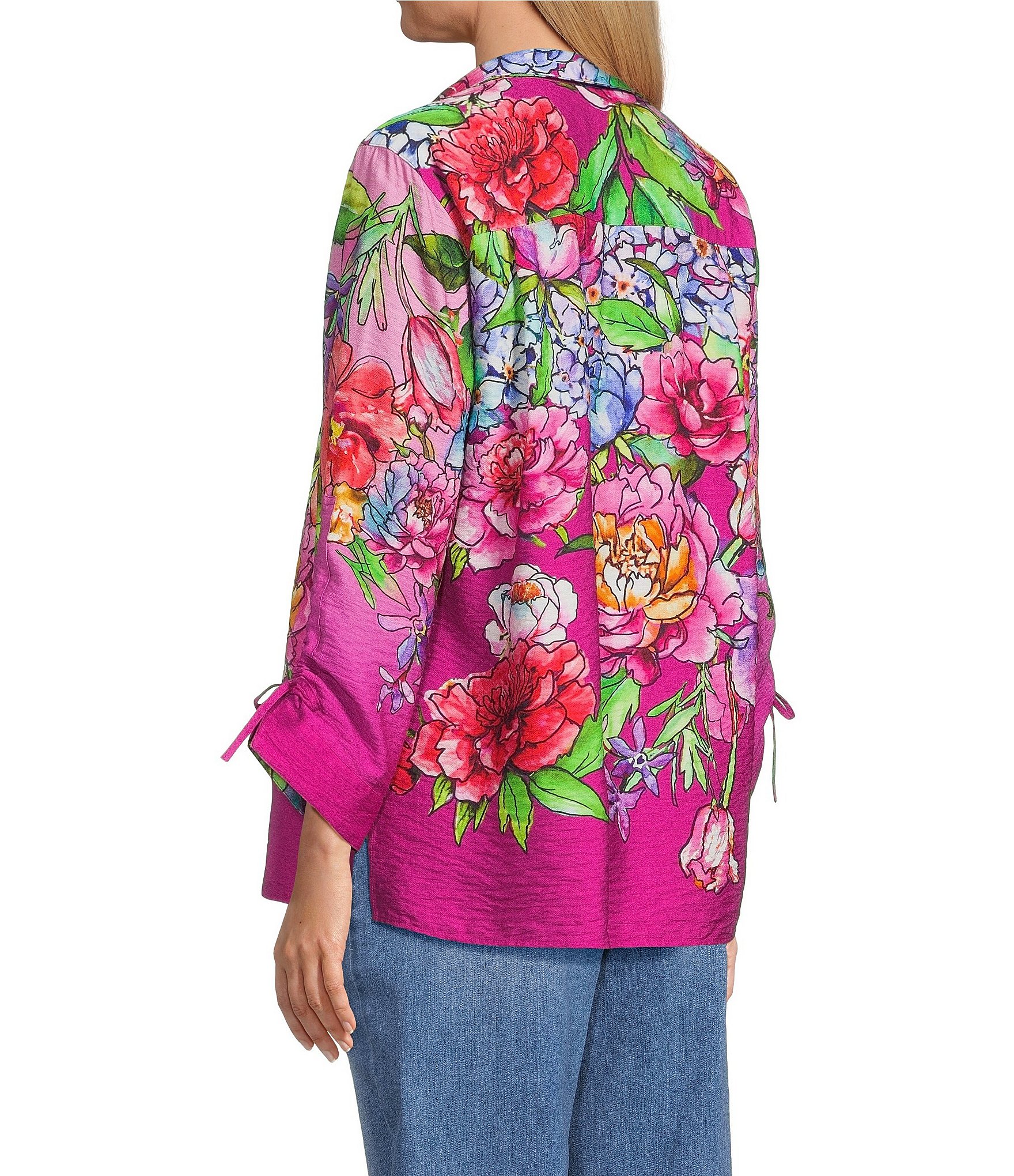 John Mark Woven Hydrangea Floral Wire Collar 3/4 Cinched Sleeve Top