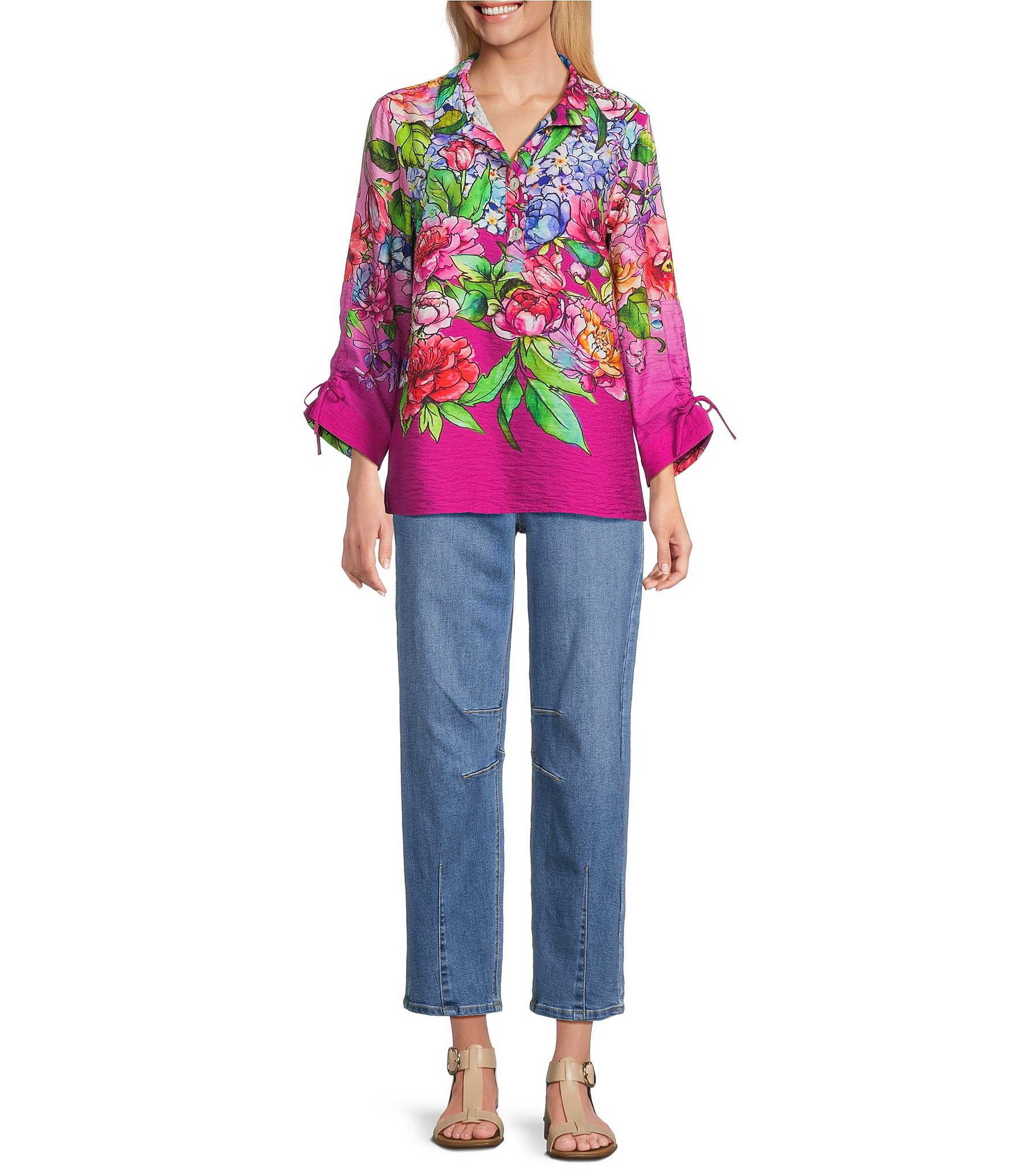 John Mark Woven Hydrangea Floral Wire Collar 3/4 Cinched Sleeve Top