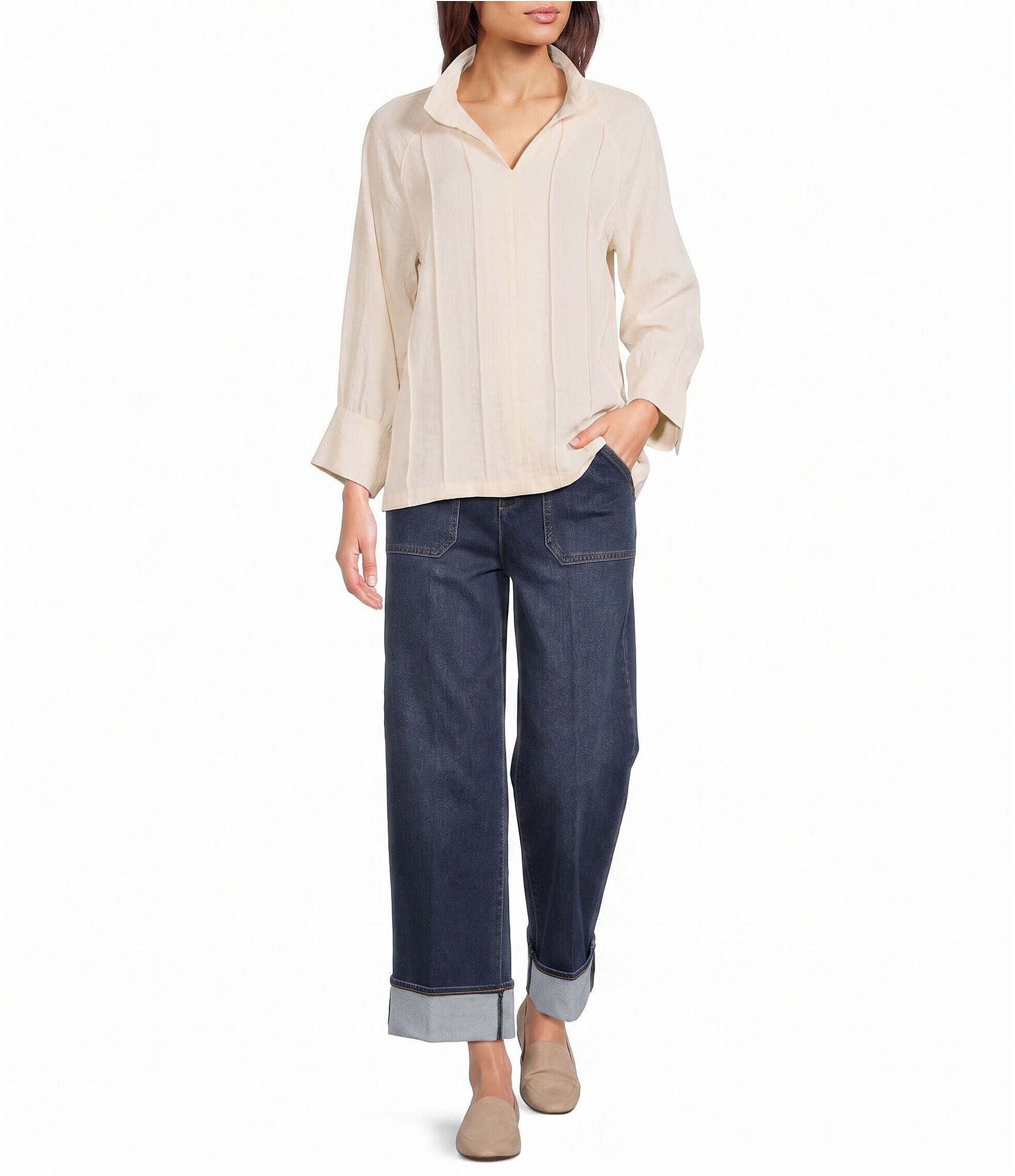 John Mark Woven Johnny Collar 3/4 Sleeve Blouse