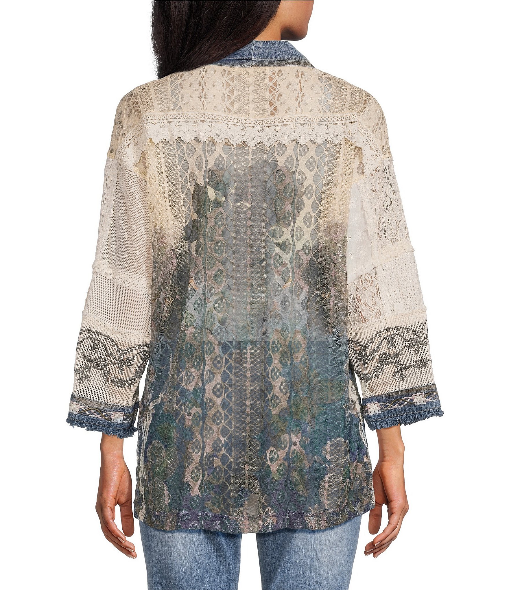 John Mark Woven Lace Patchwork 3/4 Sleeve One Button-Front Jacket