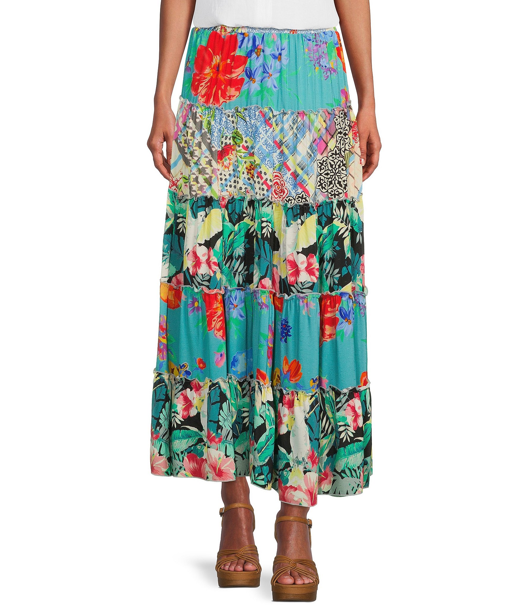 John Mark Woven Mix Print Long Tiered Pull-On Skirt | Dillard's