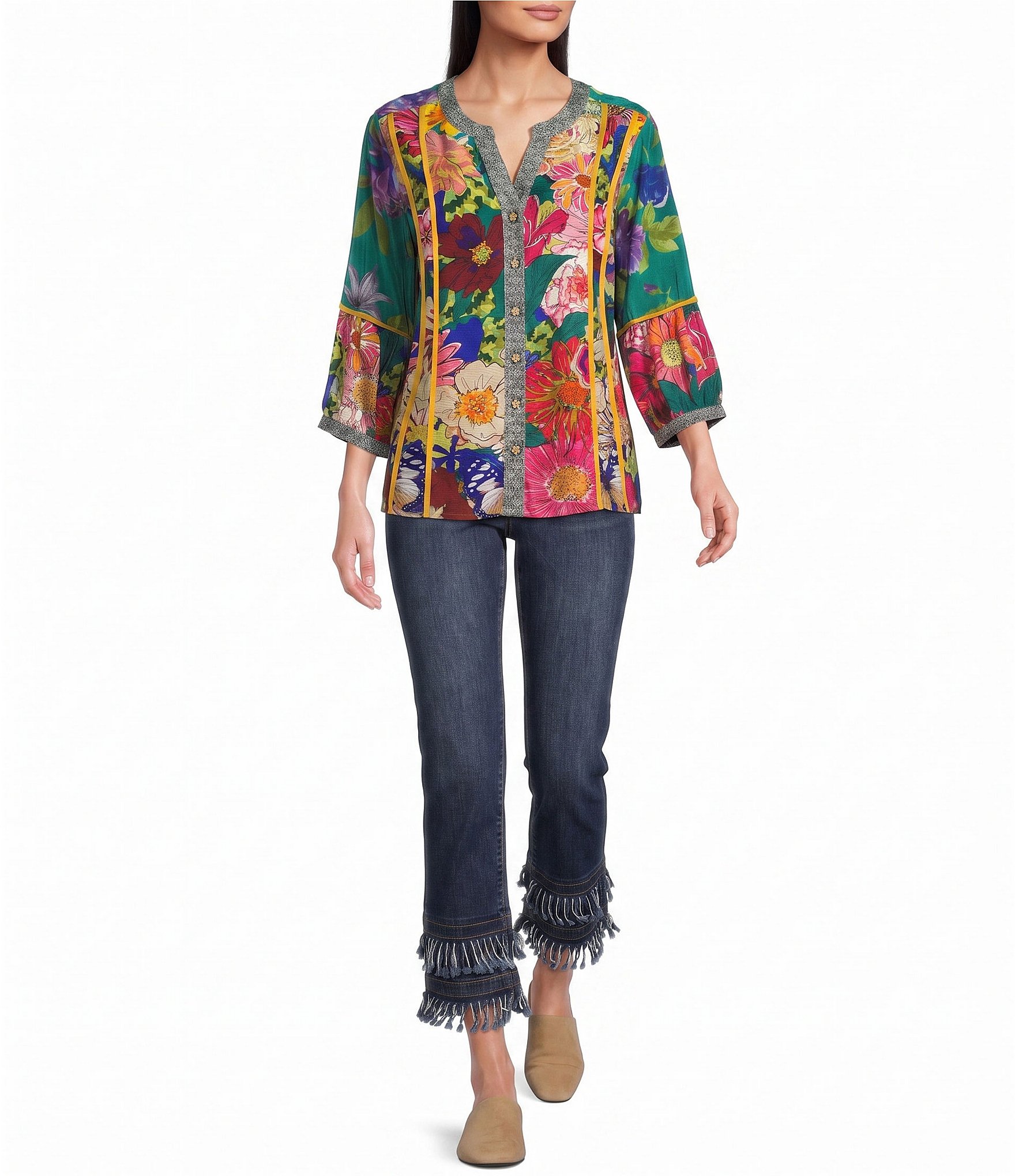 John Mark Woven Mixed All Over Print Banded Split V-Neck 3/4 Lantern Sleeve Button Front Shirt