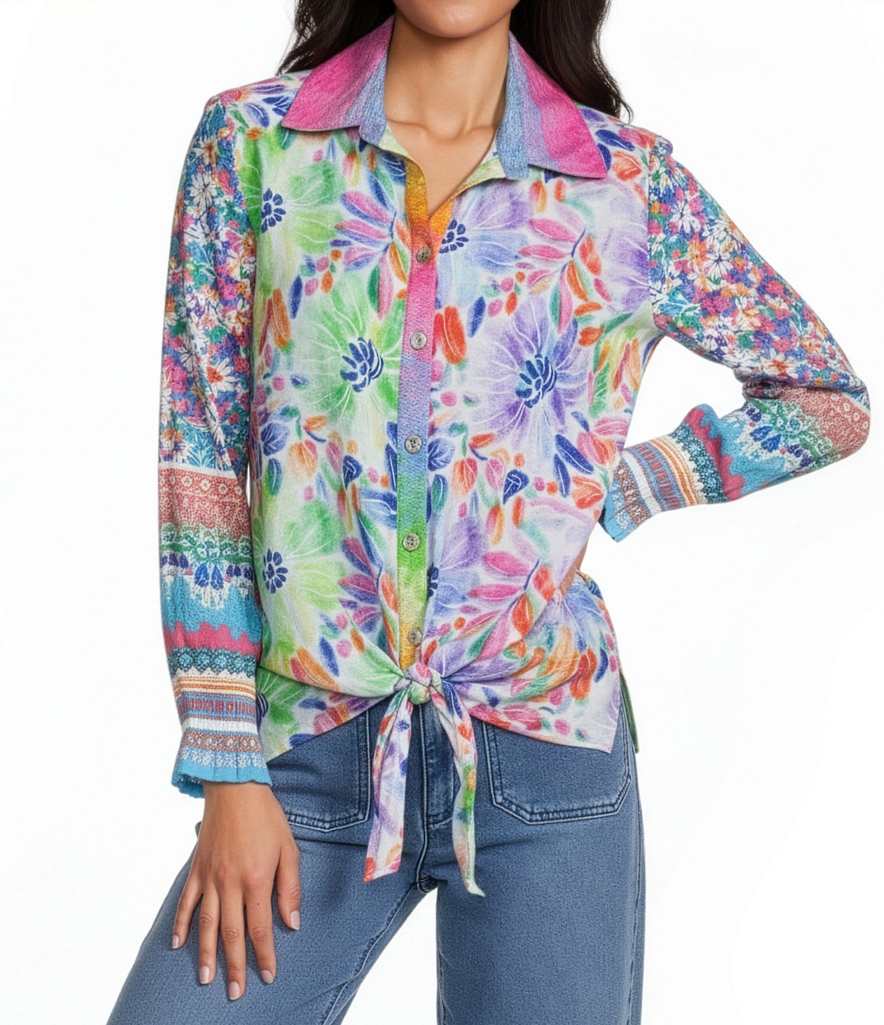 John Mark Woven Multi Floral Stripe Mixed Print Point Collar Long Ruffle Cuffed Sleeve Button Front Tie Blouse