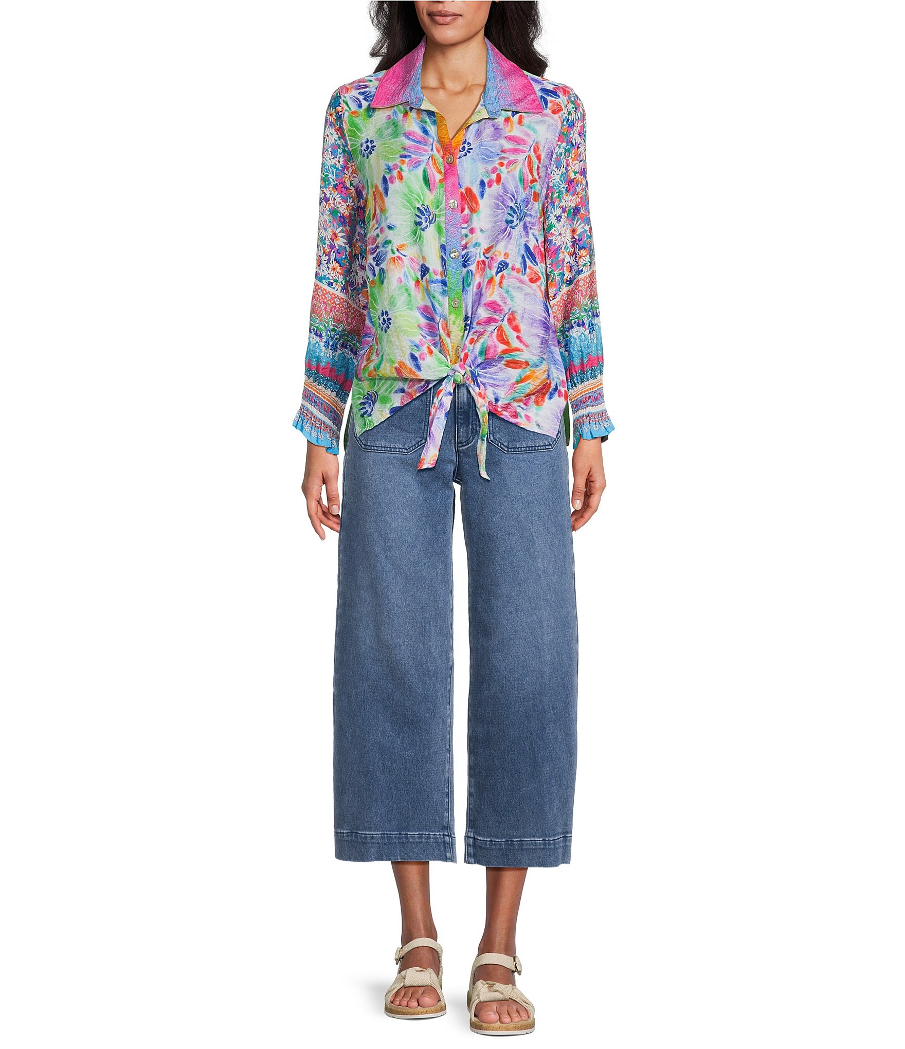 John Mark Woven Multi Floral Stripe Mixed Print Point Collar Long Ruffle Cuffed Sleeve Button Front Tie Blouse