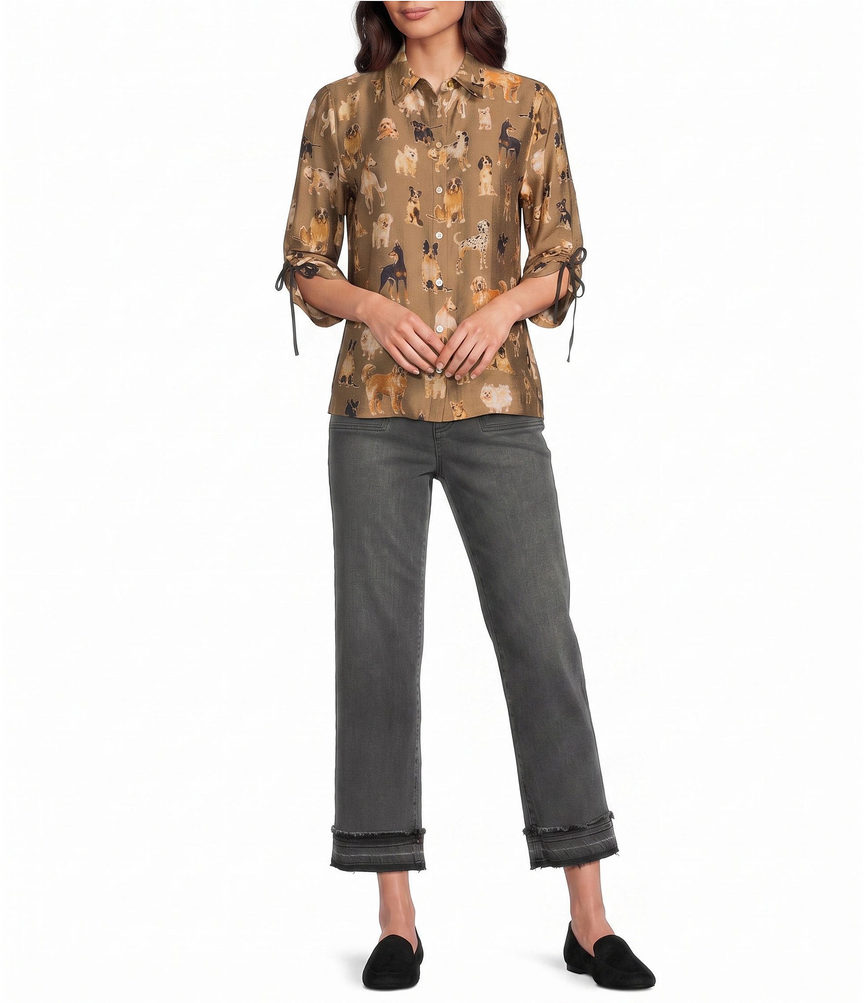 John Mark Woven Novelty Dog Print Point Collar 3/4 Sleeve Shirt