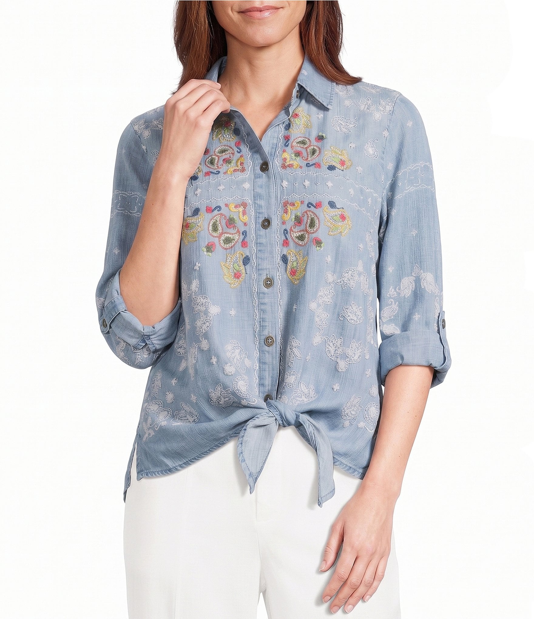 John Mark Woven Paisley Embroidered Point Collar Long Roll Tab Sleeve Button Front Tie Shirt