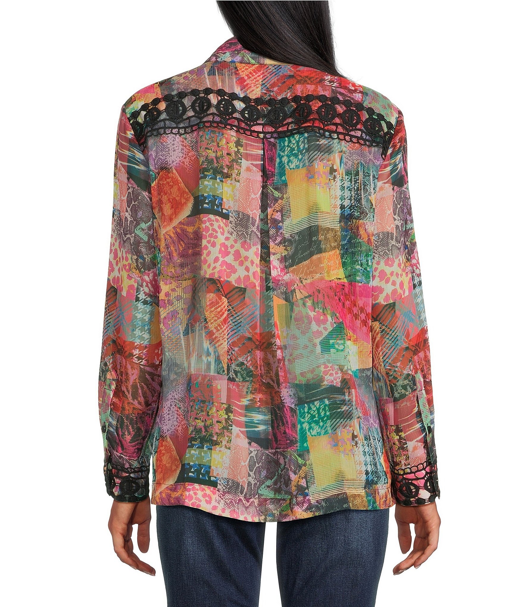John Mark Woven Patchwork Print Point Collar Long Sleeve Button Front Blouse