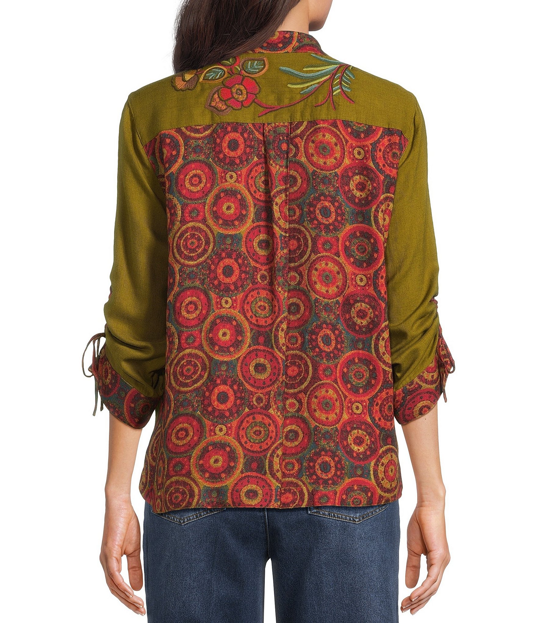 John Mark Woven Placed Print Floral Embroidered Wire Collar 3/4 Cinched Sleeve Button Front Shirt