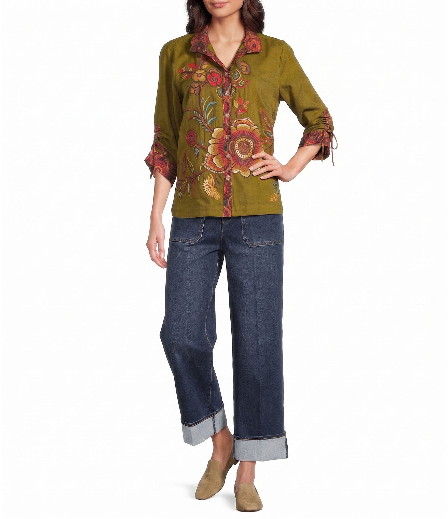 John Mark Woven Placed Print Floral Embroidered Wire Collar 3/4 Cinched Sleeve Button Front Shirt