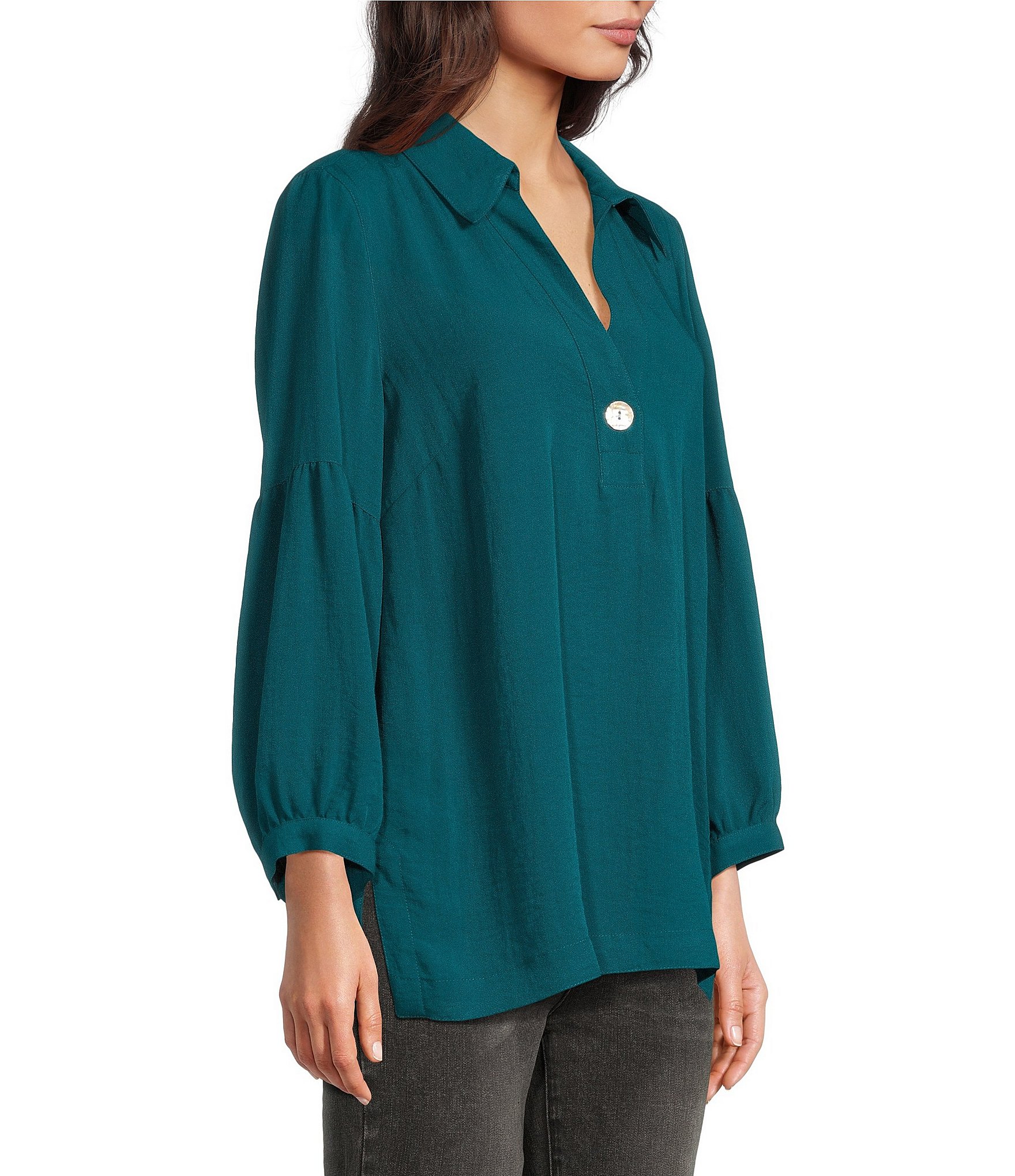 John Mark Woven Point Collar Neck 3/4 Sleeve Single Button Pullover Tunic