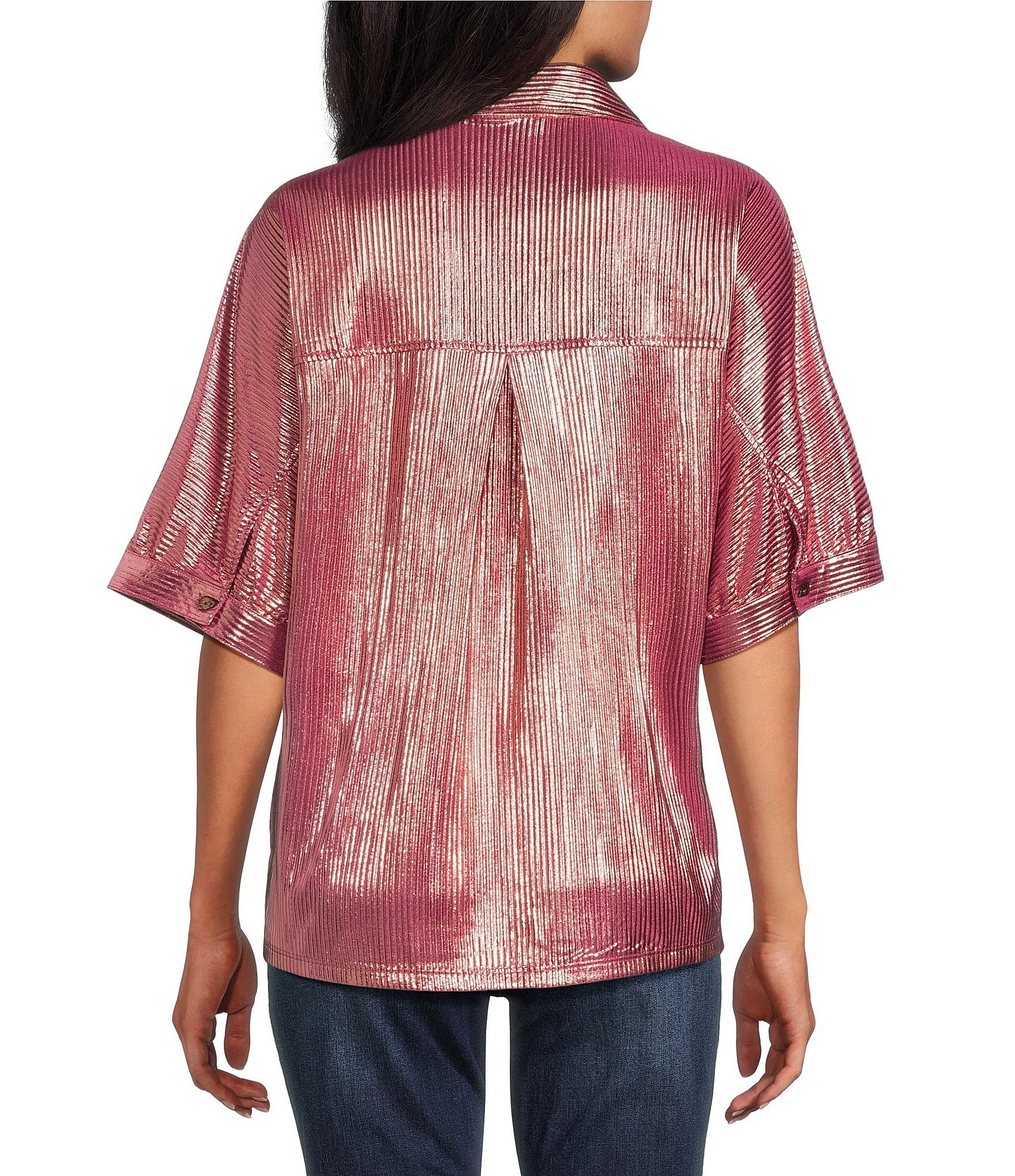 John Mark Woven Point Collar Short Dolman Sleeve Shimmer Pleat Button Front Blouse