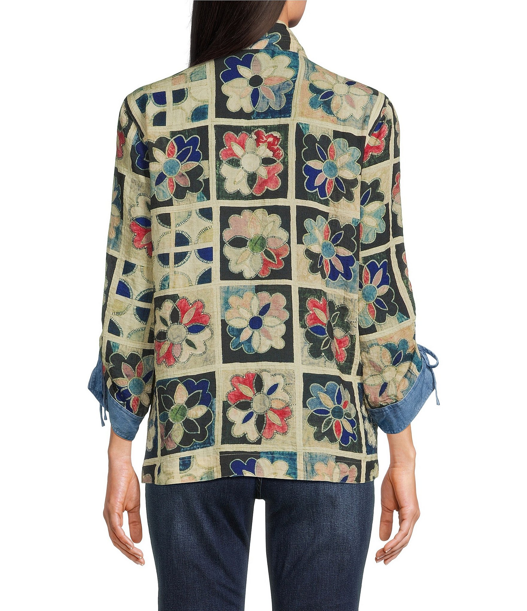 John Mark Woven Quilt Patchwork Mix Print Wire Collar 3/4 Sleeve Top