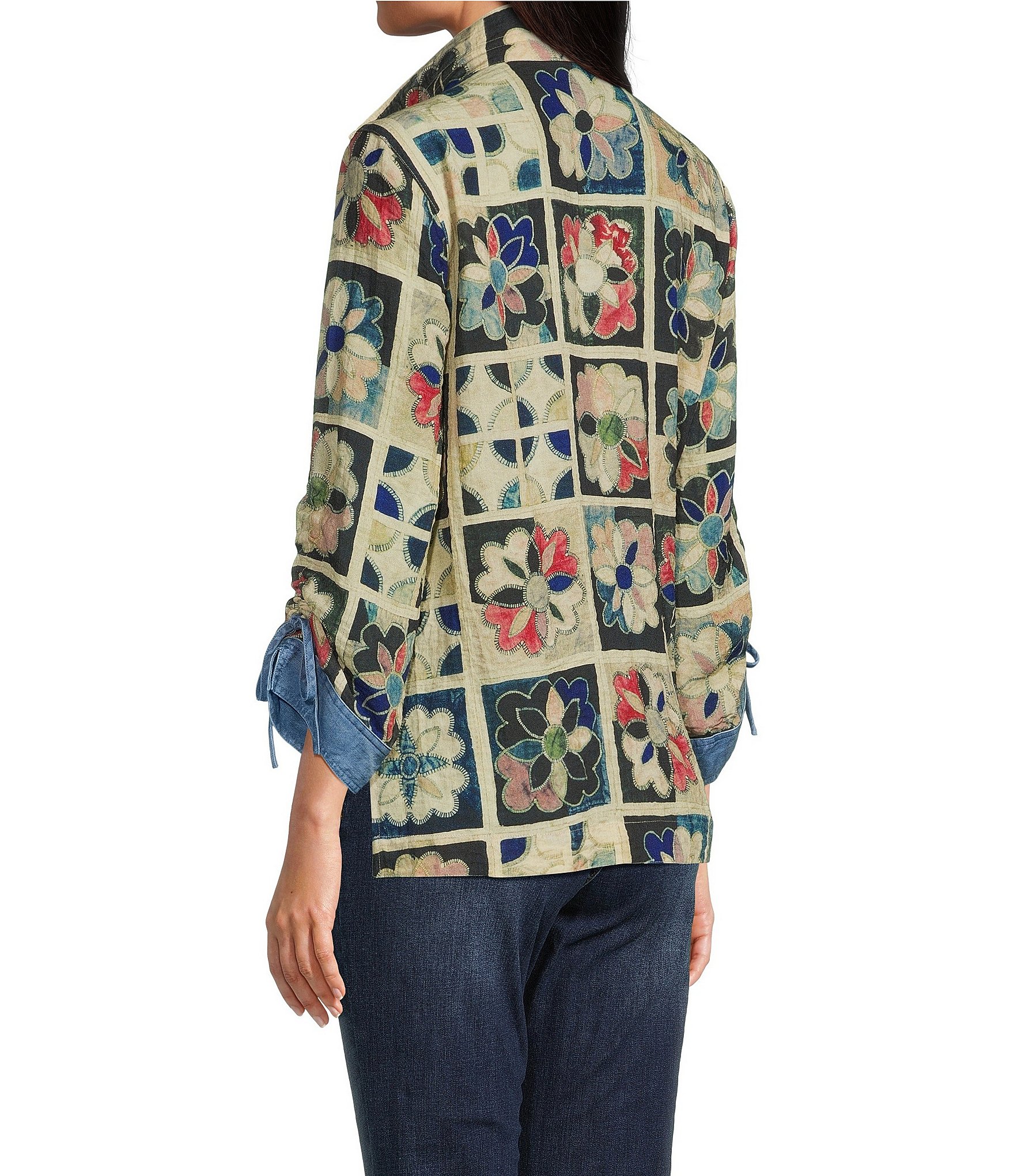 John Mark Woven Quilt Patchwork Mix Print Wire Collar 3/4 Sleeve Top