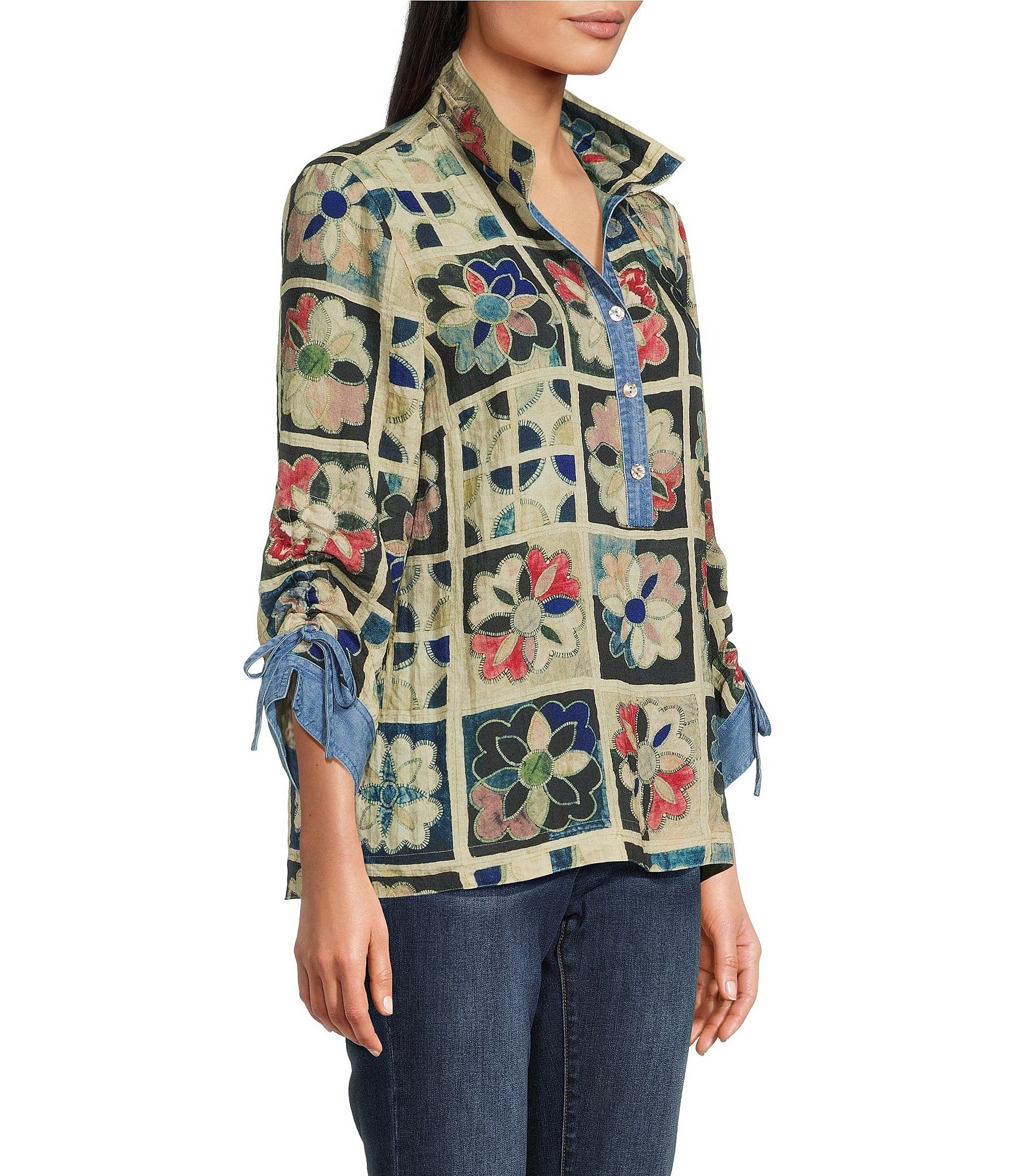 John Mark Woven Quilt Patchwork Mix Print Wire Collar 3/4 Sleeve Top