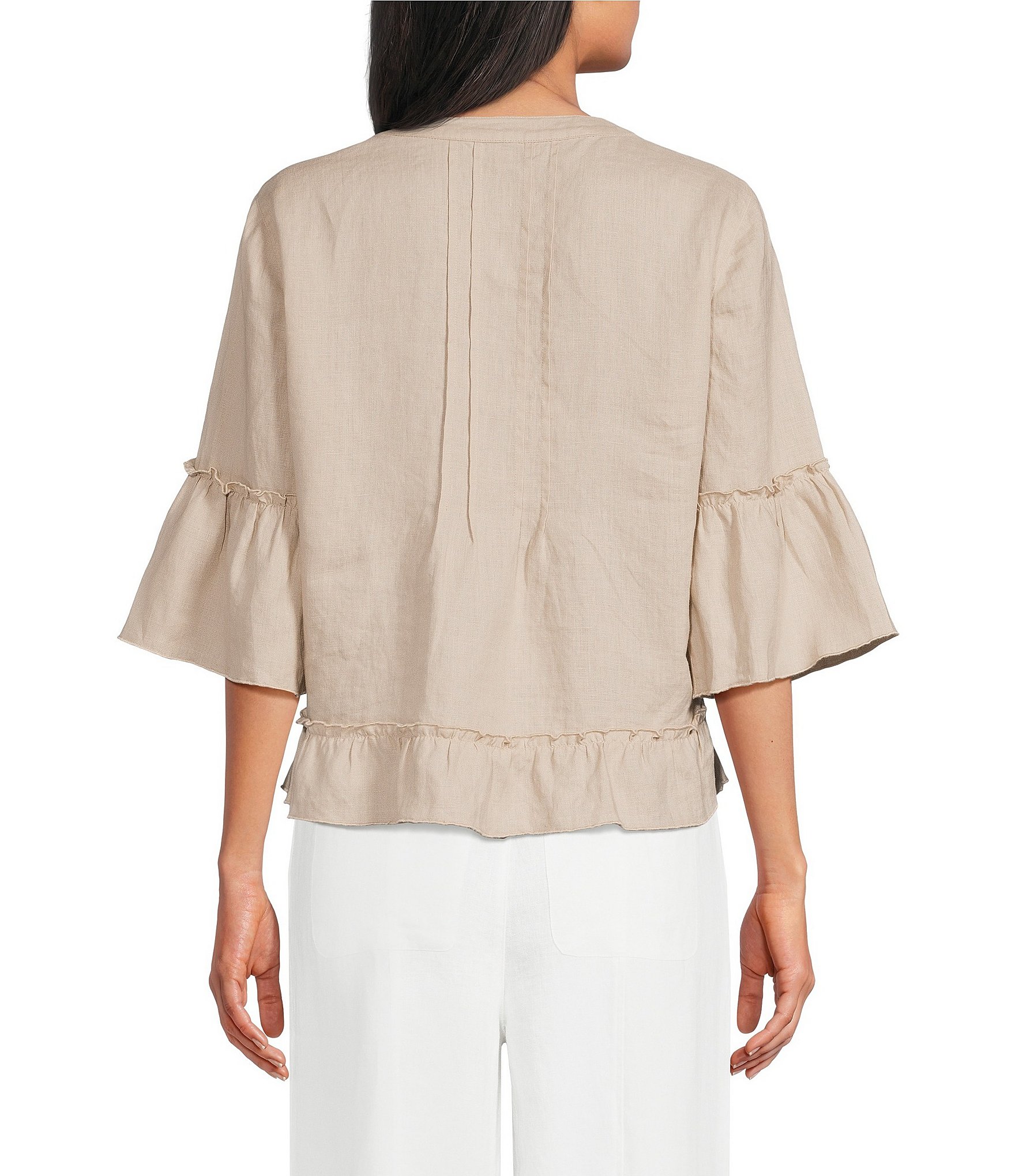 John Mark Woven Split V-Neck 3/4 Ruffle Sleeve Button-Front Blouse