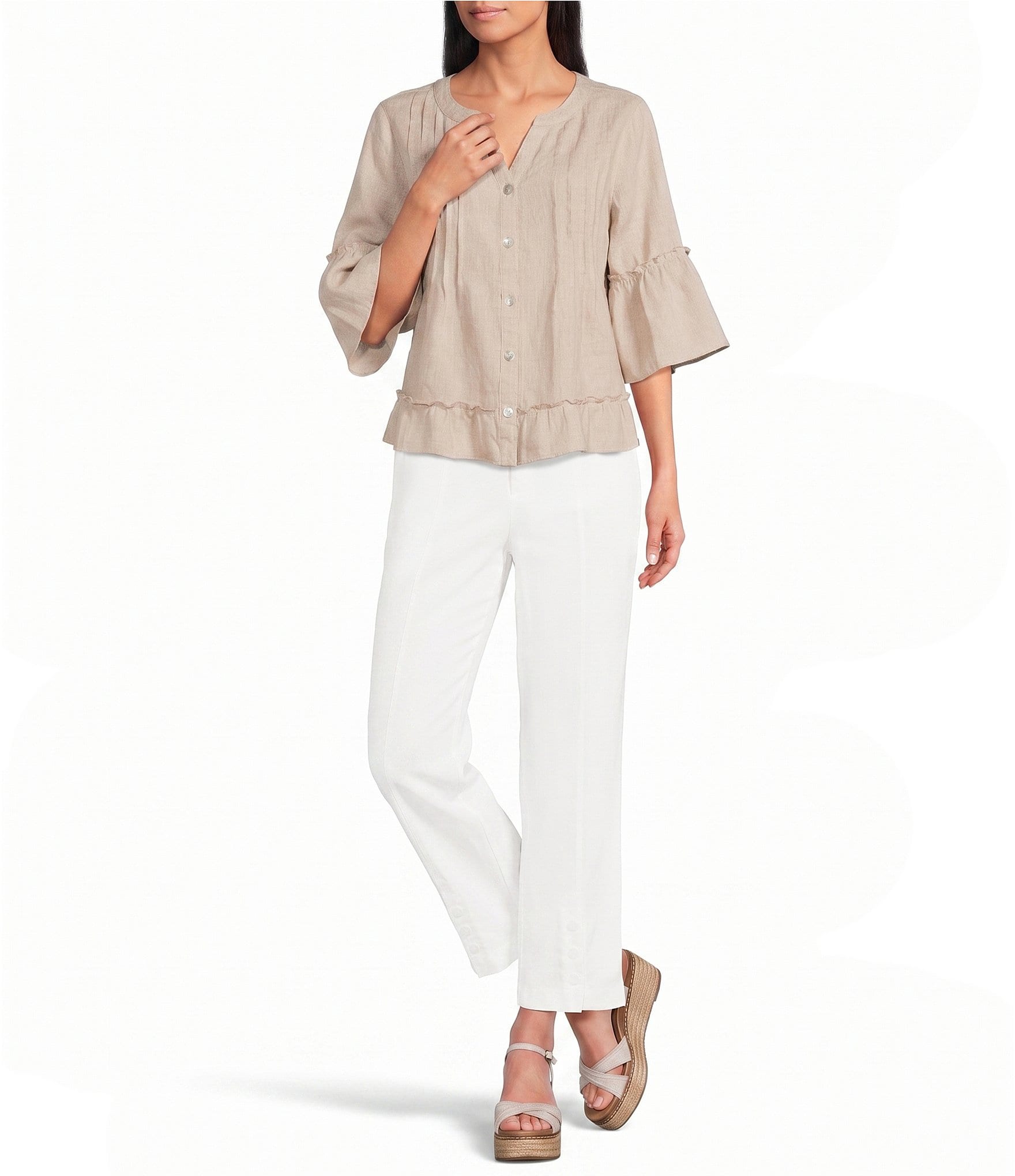 John Mark Woven Split V-Neck 3/4 Ruffle Sleeve Button-Front Blouse