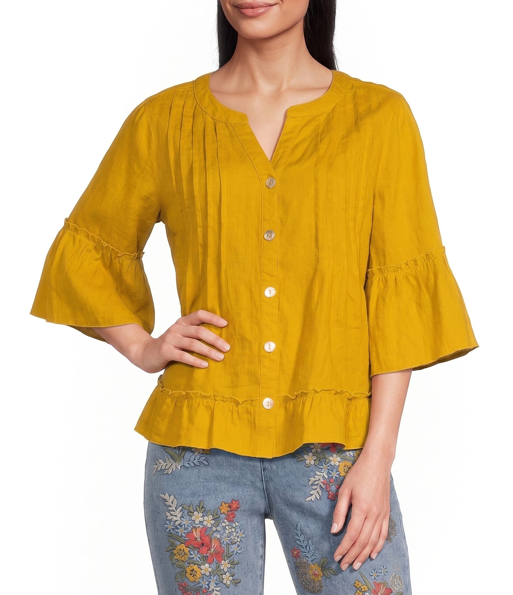 John Mark Woven Split V-Neck 3/4 Ruffle Sleeve Button-Front Blouse