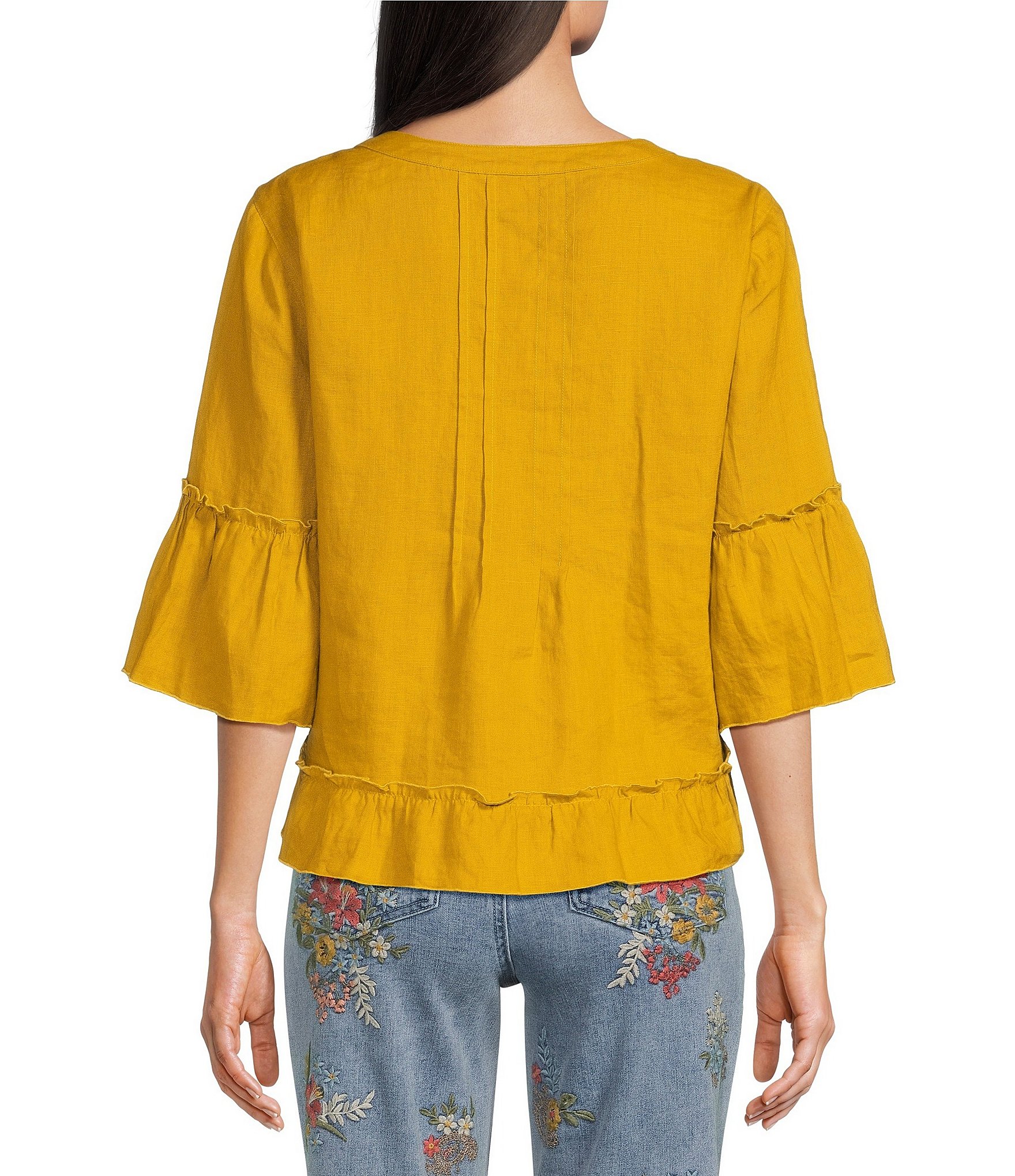 John Mark Woven Split V-Neck 3/4 Ruffle Sleeve Button-Front Blouse