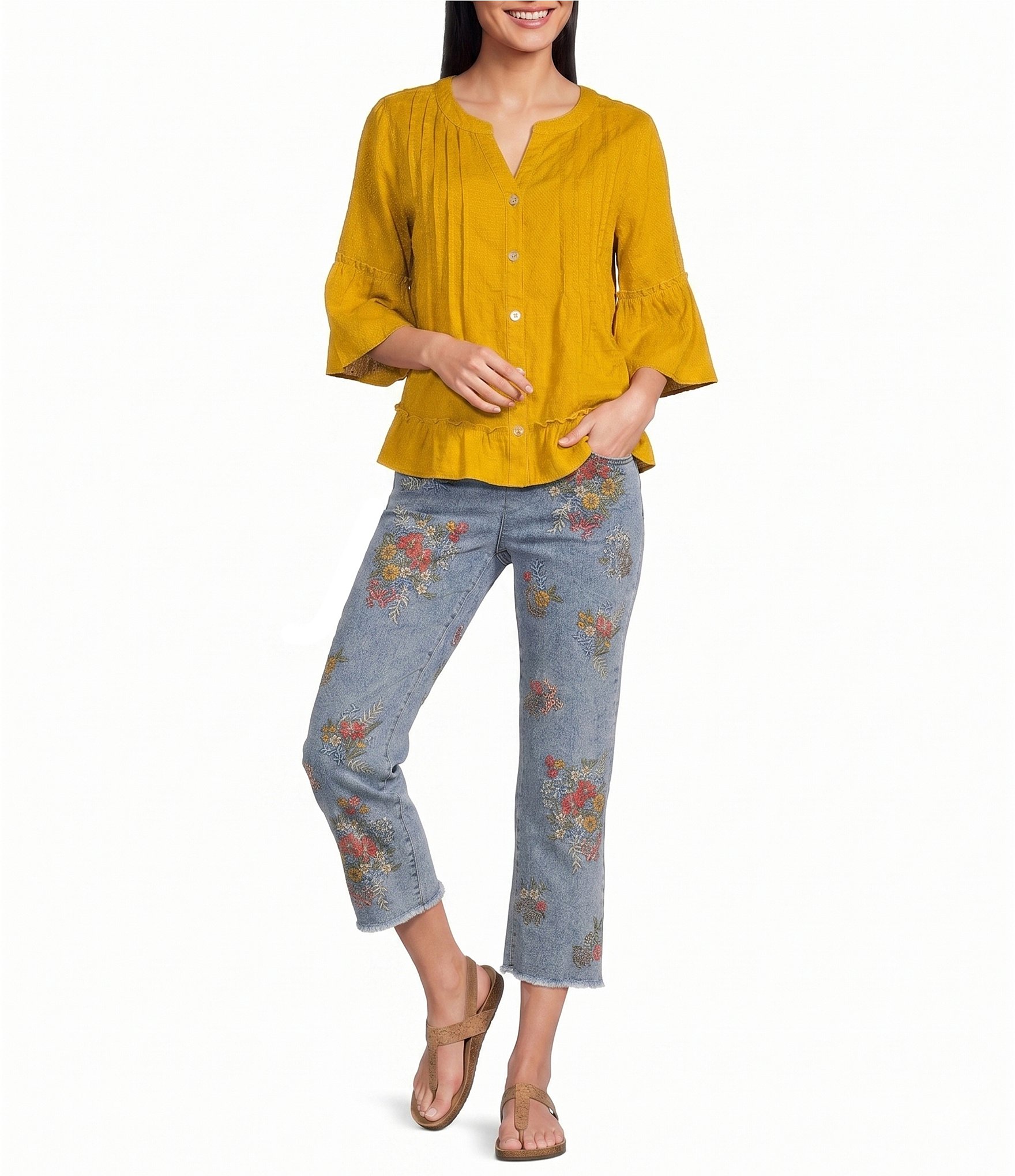 John Mark Woven Split V-Neck 3/4 Ruffle Sleeve Button-Front Blouse