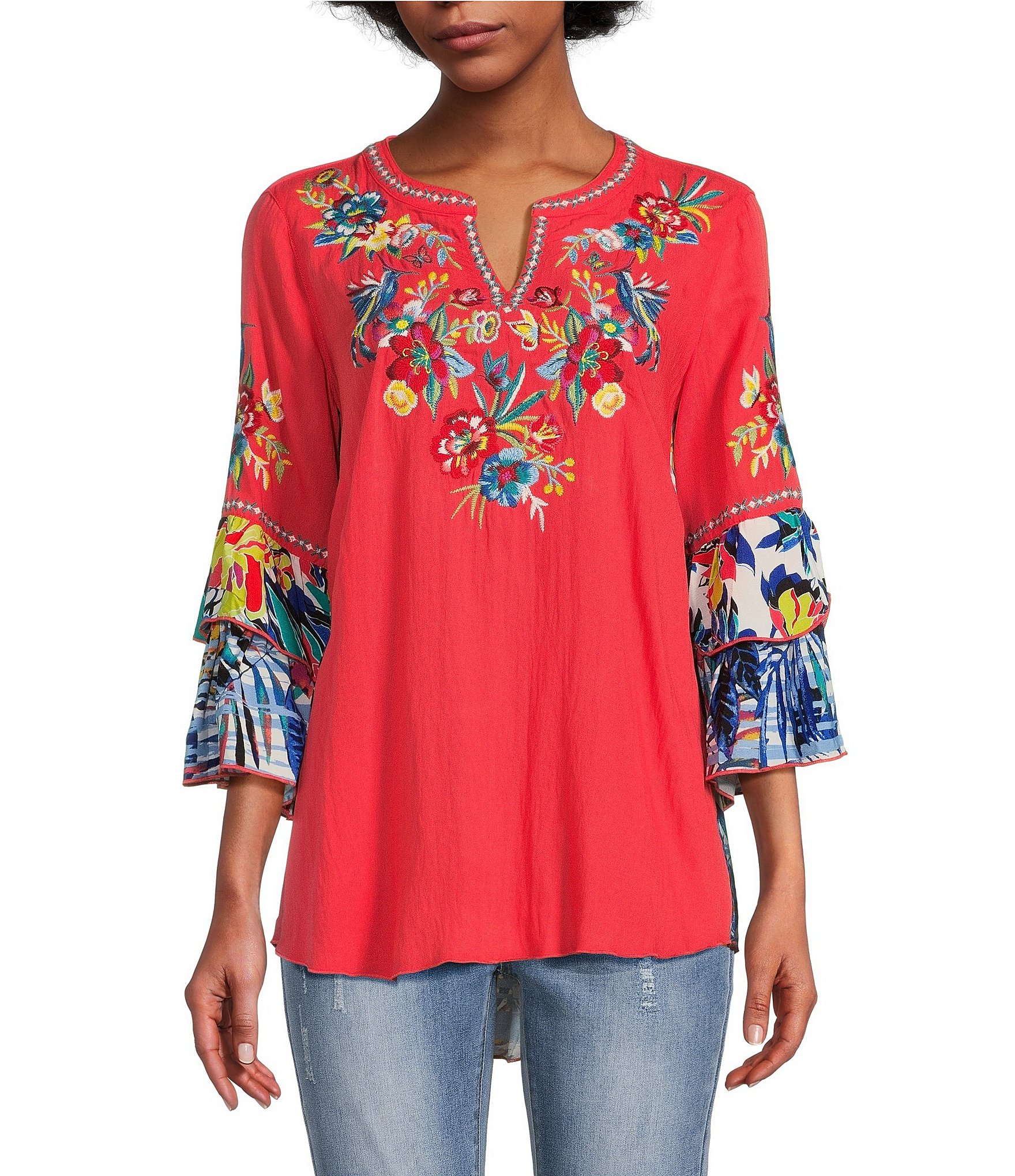 John Mark Woven Tropical Floral Print Embroidered Split Round Neck 3/4 ...