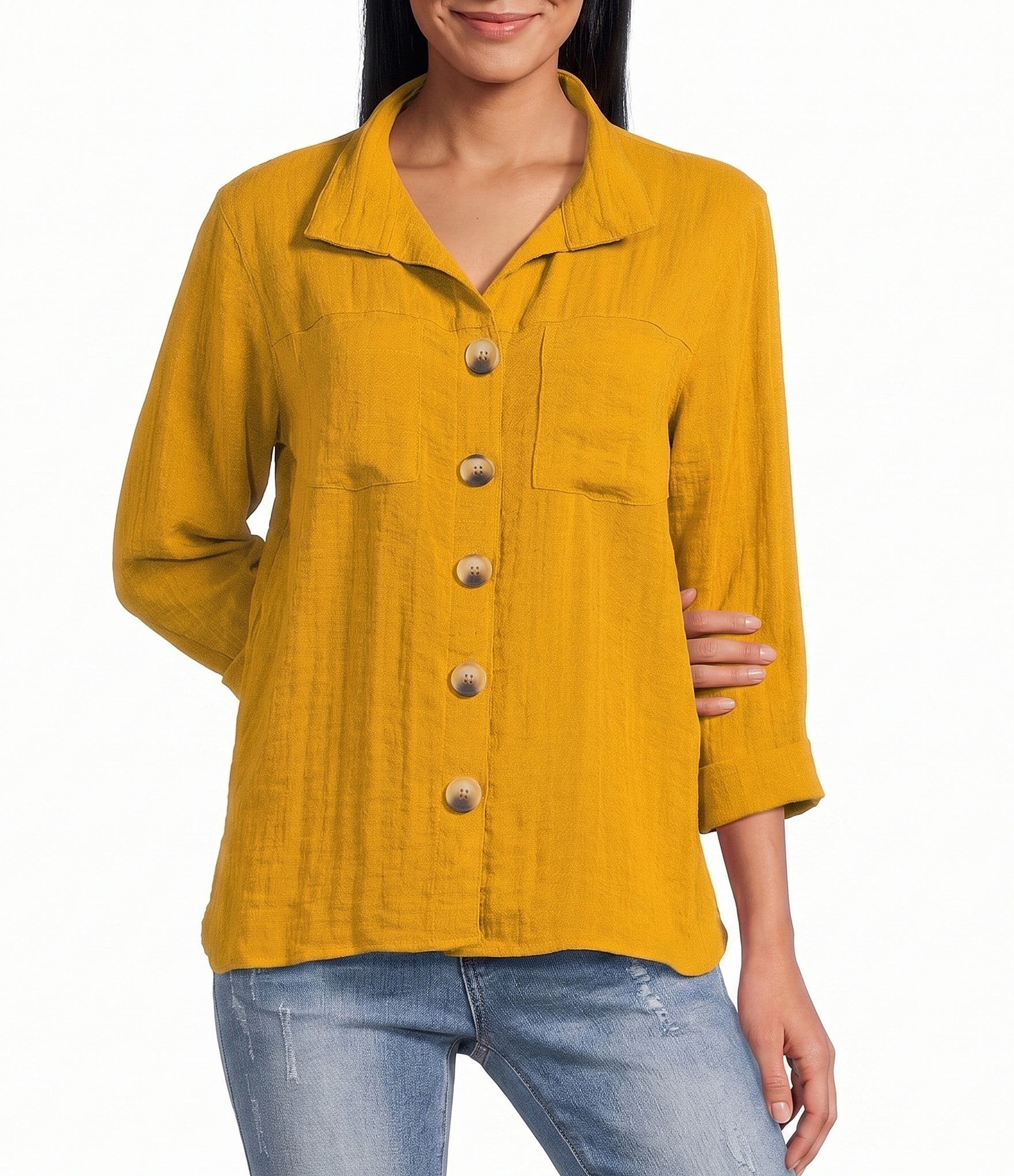John Mark Woven Wire Collar 3/4 Sleeve Button /Front Shirt