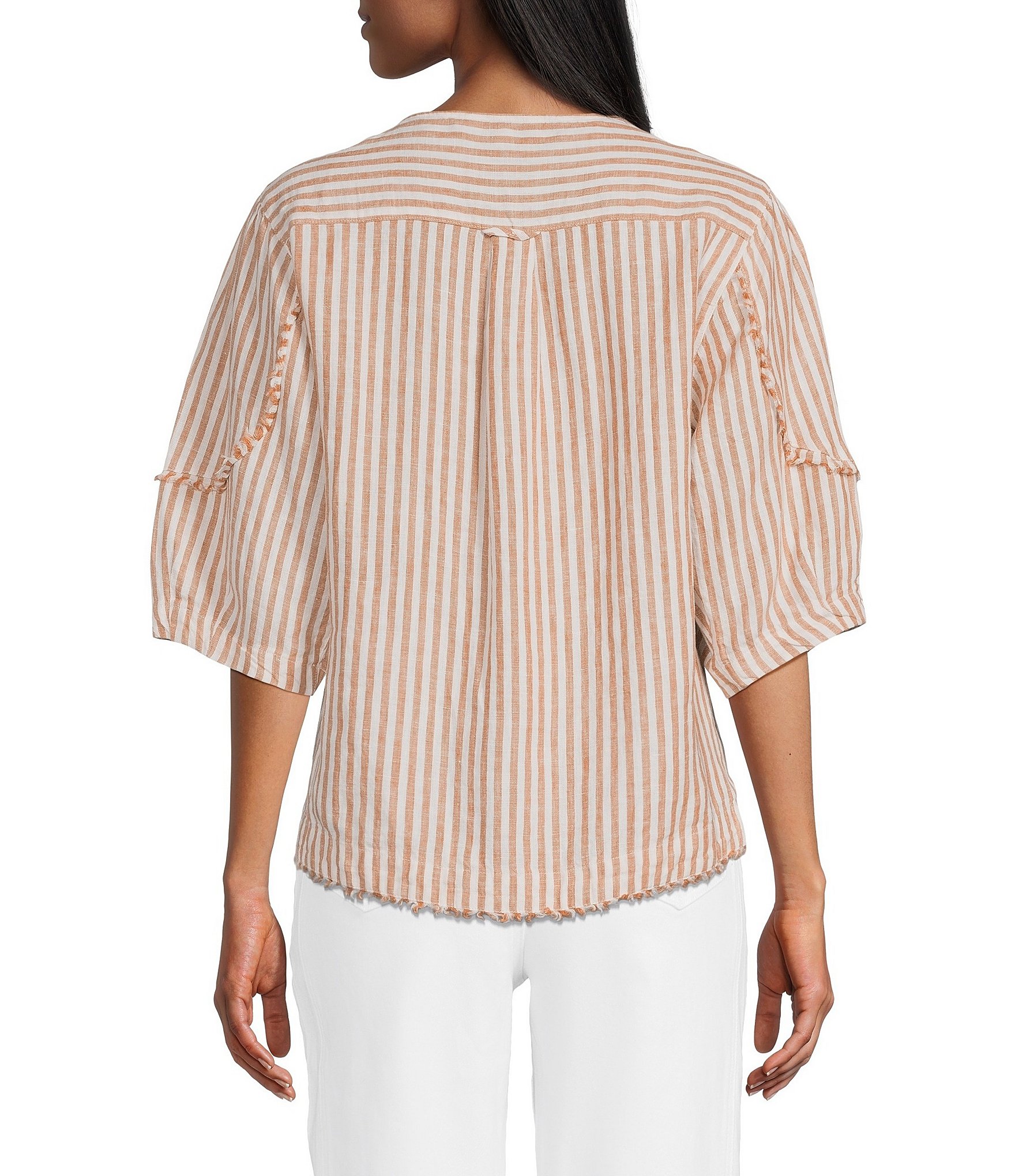 John Mark Woven Yarn-Dye Stripe Lace Up V-Neck 3/4 Sleeve Frayed Top