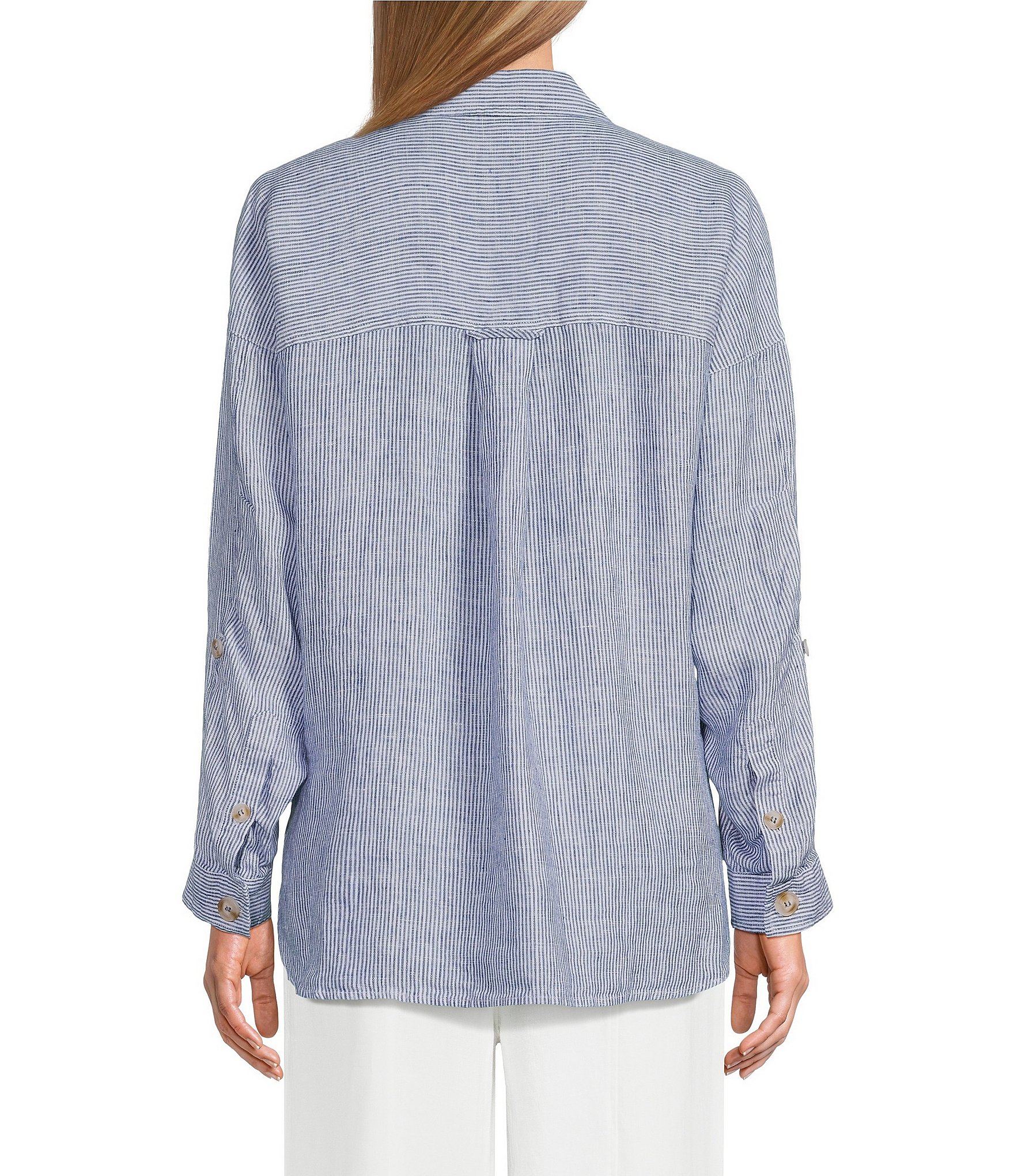 John Mark Woven Yarn-Dye Stripe Point Collar Long Roll-Tab Sleeve Button-Front Shirt