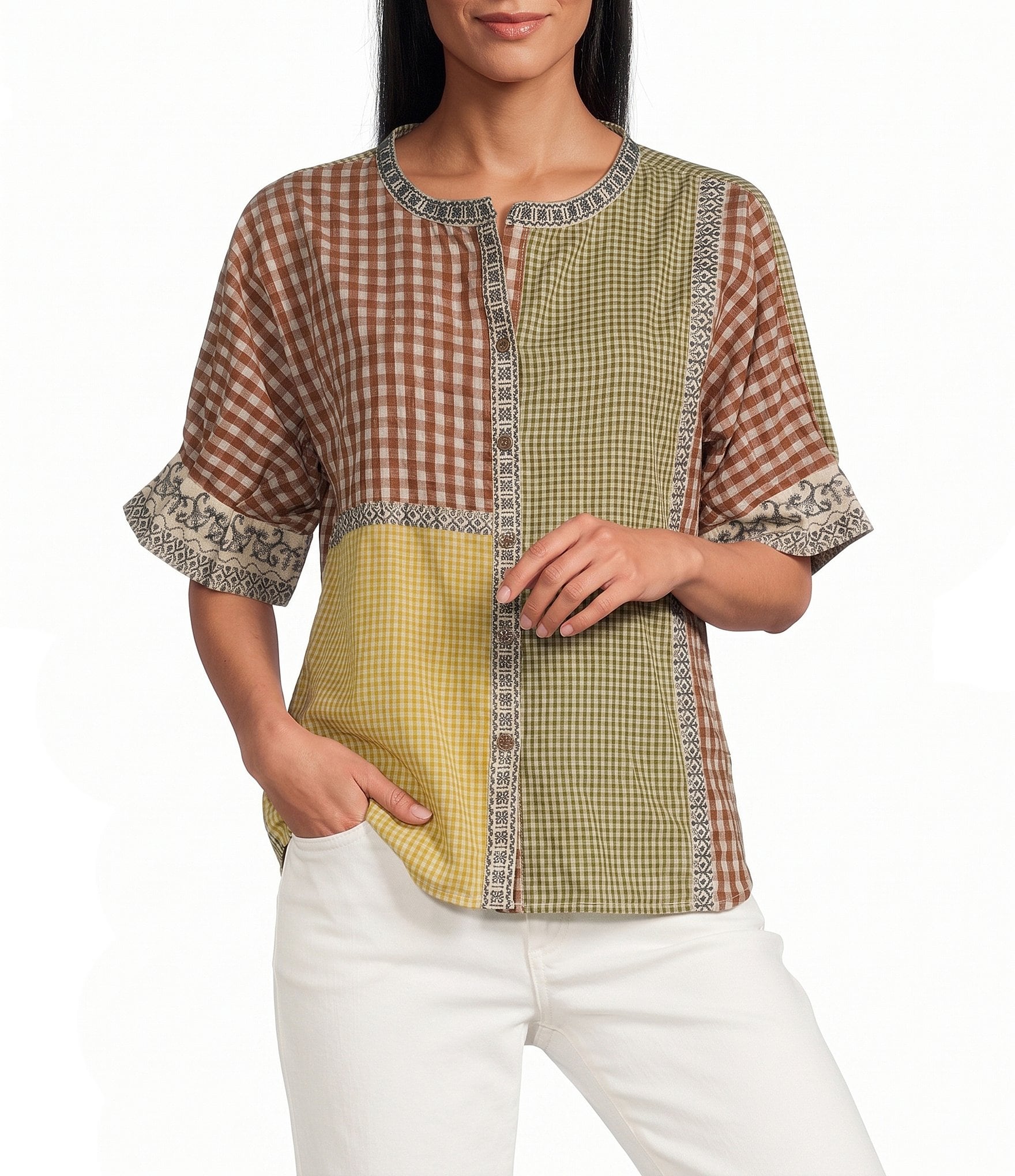 John Mark Yarn Dyed Mixed Check Patchwork Embroidered Band Collar Dolman Elbow Sleeve Button Front Shirt
