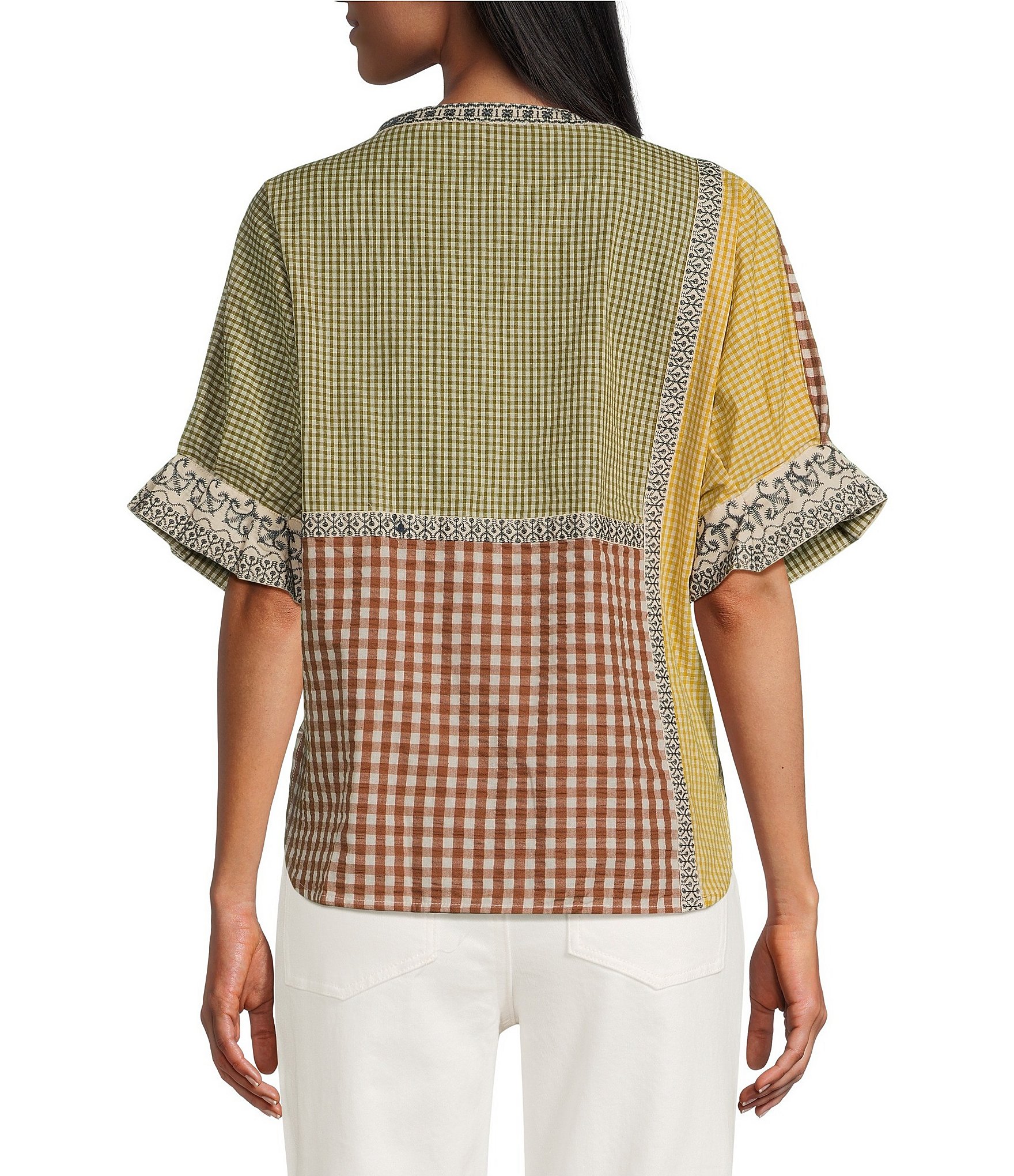 John Mark Yarn Dyed Mixed Check Patchwork Embroidered Band Collar Dolman Elbow Sleeve Button Front Shirt