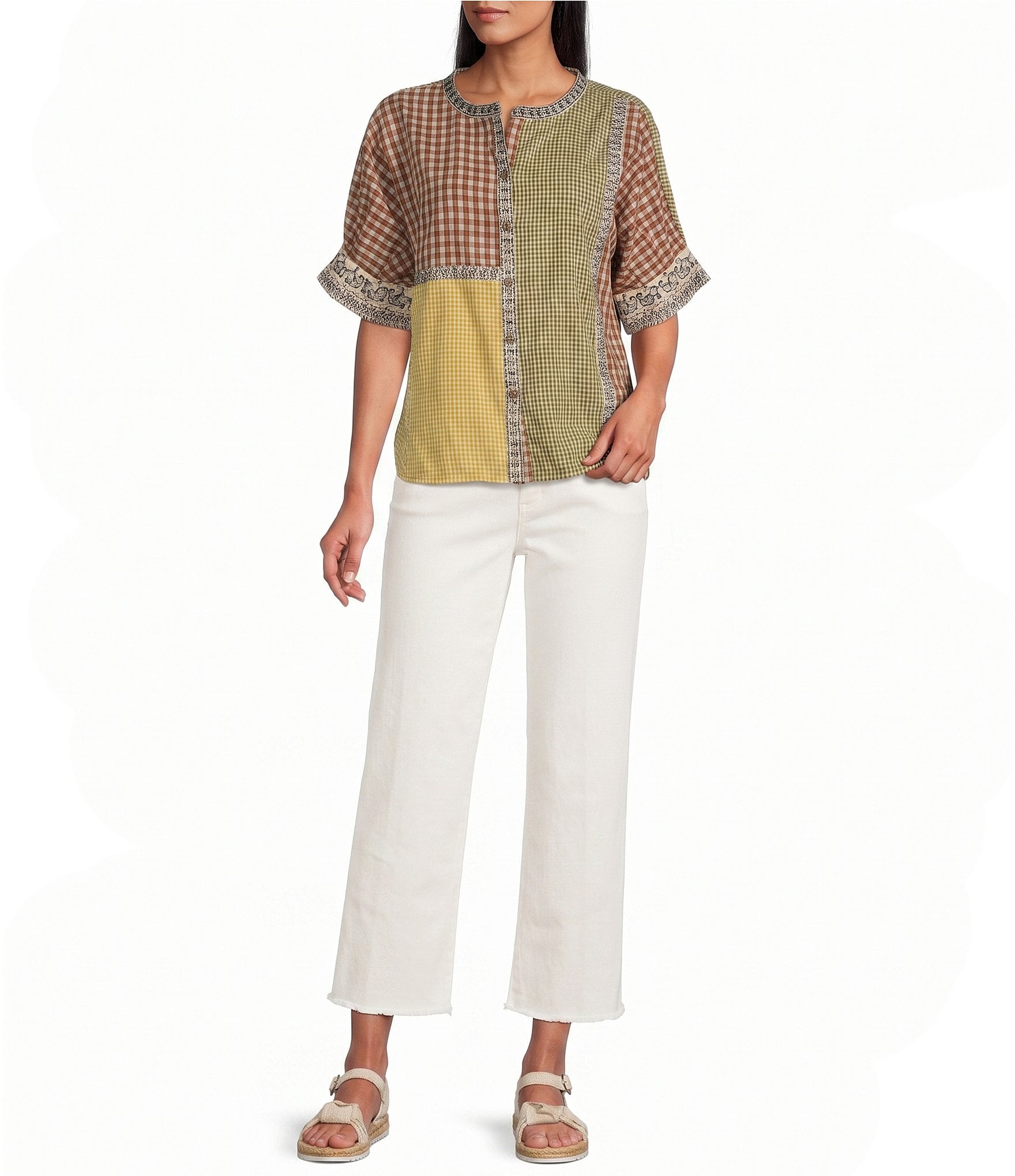 John Mark Yarn Dyed Mixed Check Patchwork Embroidered Band Collar Dolman Elbow Sleeve Button Front Shirt